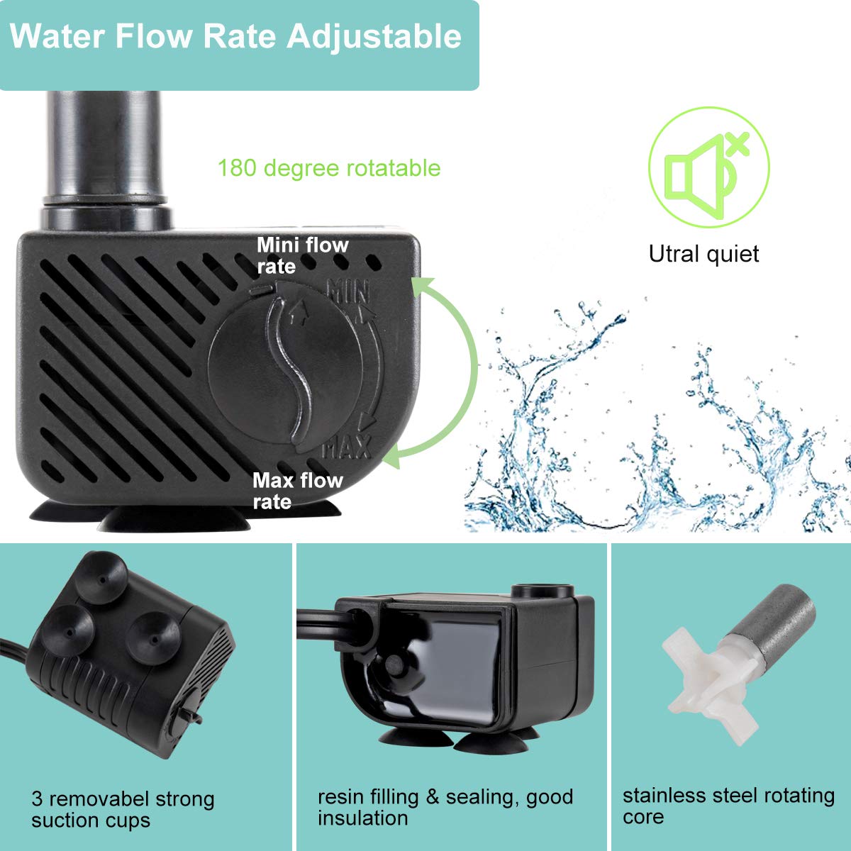 hygger Ultra Quiet 53GPH (200L/H, 3W) Submersible Mini Water Pump Comes with 2 Nozzles, for Aquariums, Fish Tank, Fountain, Hydr