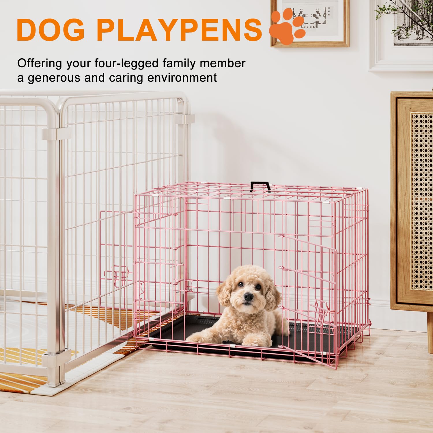 FDW 24inch Dog Crate Pet Cage with Metal Folding Design Plastic Tray Indoor Outdoor Dog Kennel Cage for Small Dogs,Pink
