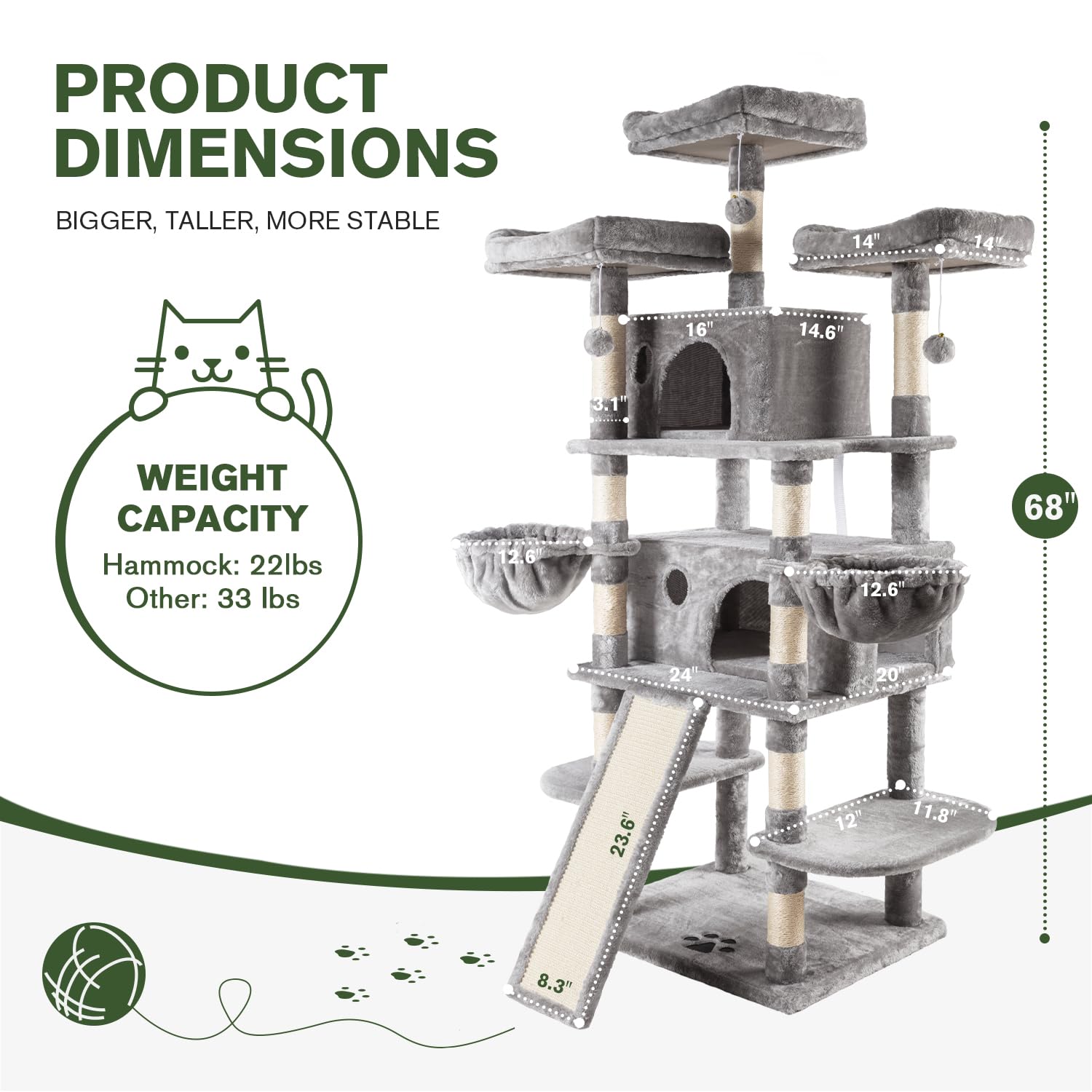Imusee 68 Inches Multi-Level Cat Tree For Large Cats/Big Cat Tower With Cat Condo/Cozy Plush Perches/Sisal Scratching Posts And Hammocks/ Activity Center Play House/Grey