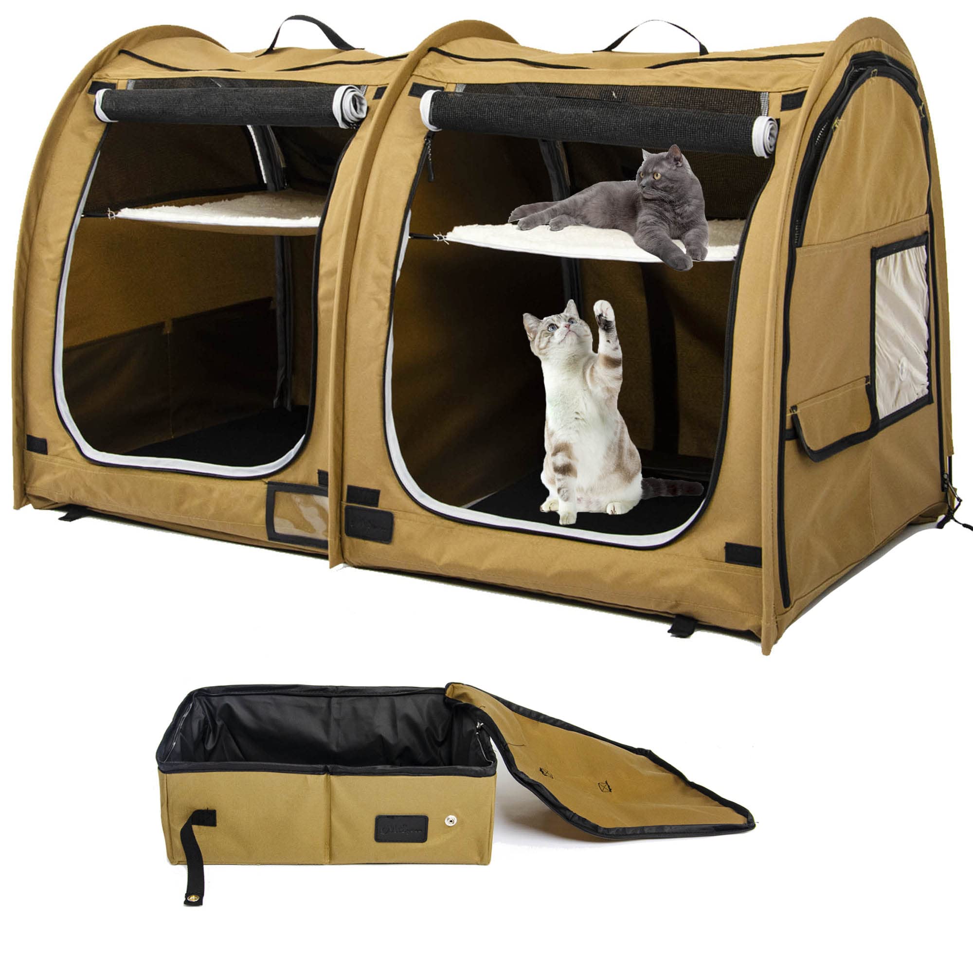 porayhut Mispace Portable Twin Compartment Show House Cat Cage/Condo - Easy to Fold & Carry Kennel - Comfy Puppy Home & Dog Trav