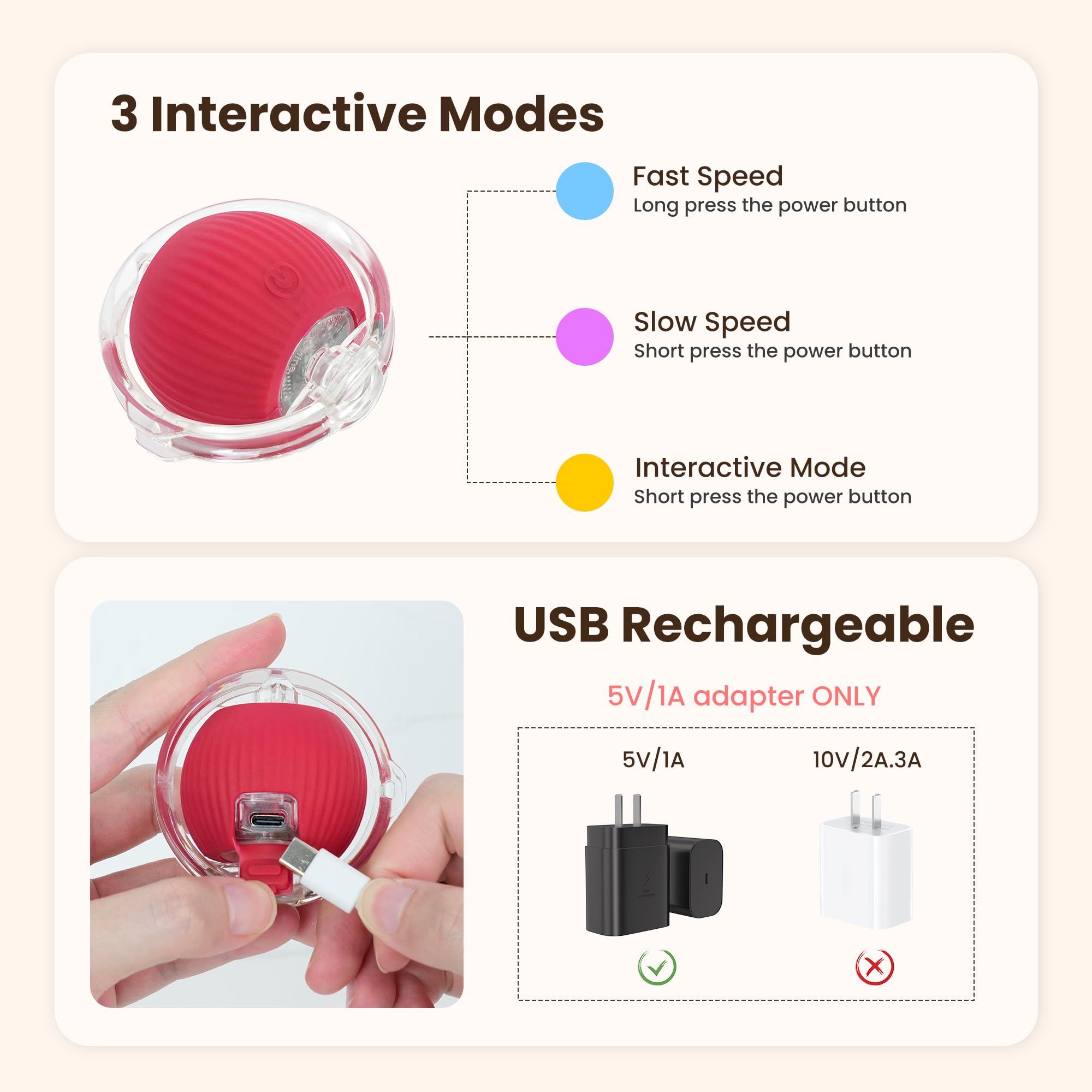 Homcolorful Interactive Cat Toys for Indoor Cats, Fast Rolling Ball with Motion Activation, Hide & Seek Chase Game, Rechargeable