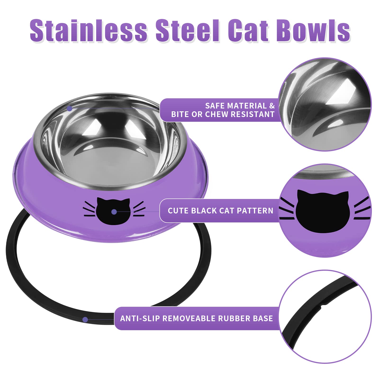Serentive 3Pcs Cat Bowls, Non-Slip Stainless Steel, 7 Oz, Suitable For Indoor Pets, Removable Rubber Base, Lovely Color