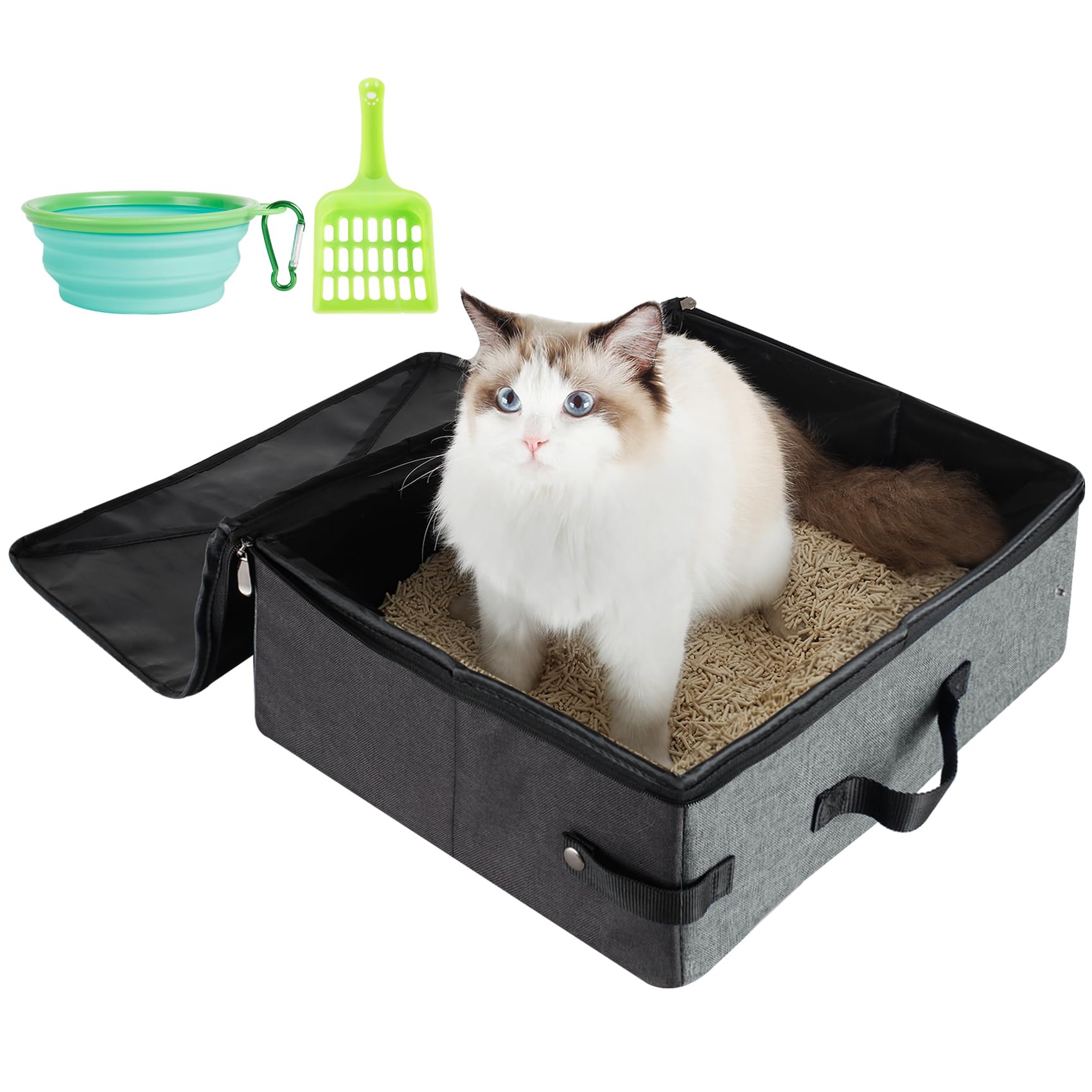 Hicaptain Travel Litter Box For Cat With Lid And Handle Standard Portable Collapsible Litter Carrier For Cat (L,Black/Gray)