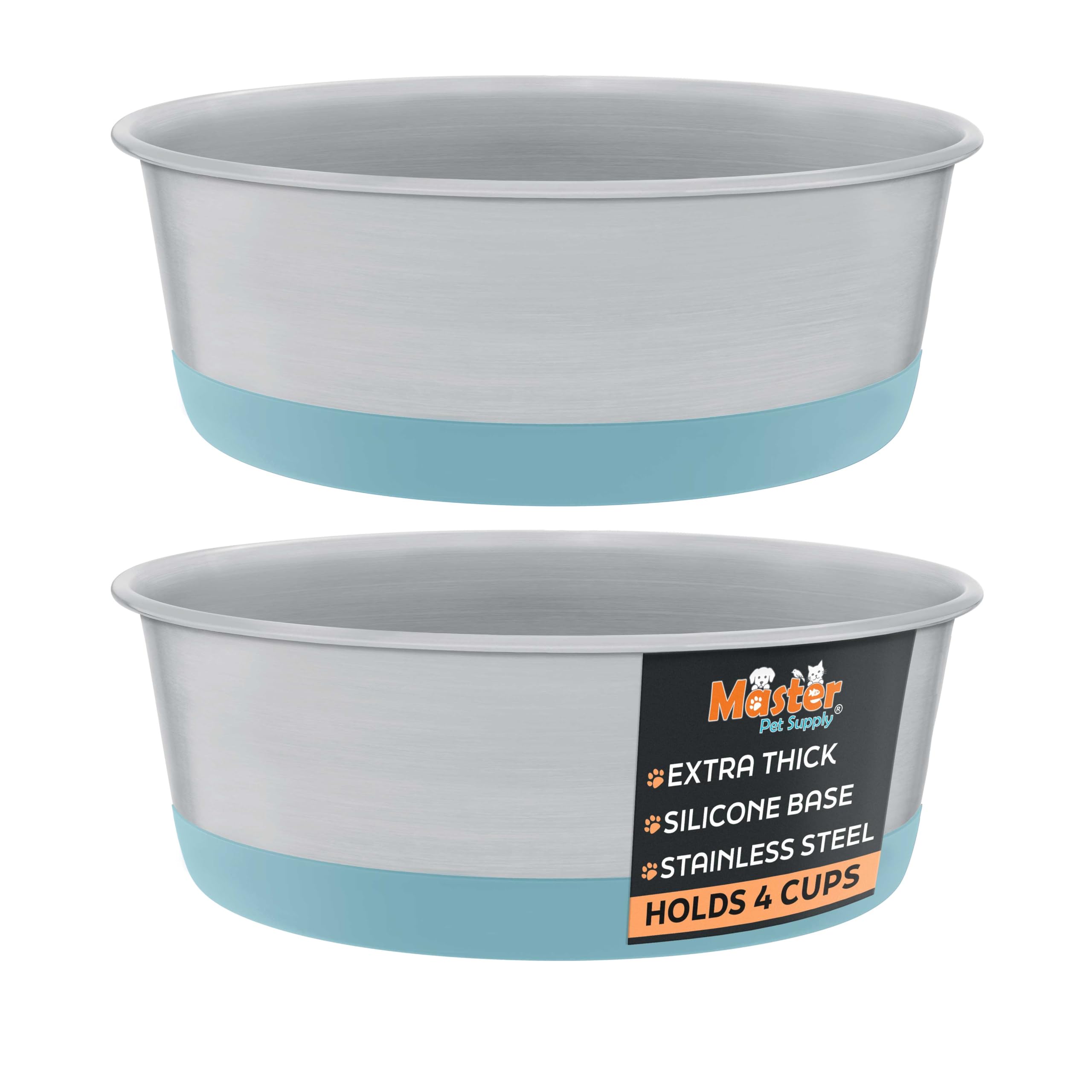 Master Pet Supply Stainless Steel Dog Bowls Set of 2 with Extra Thick Silicone Base - 4 Cup (32 oz) Aqua Sky, Non-Slip, Dishwash