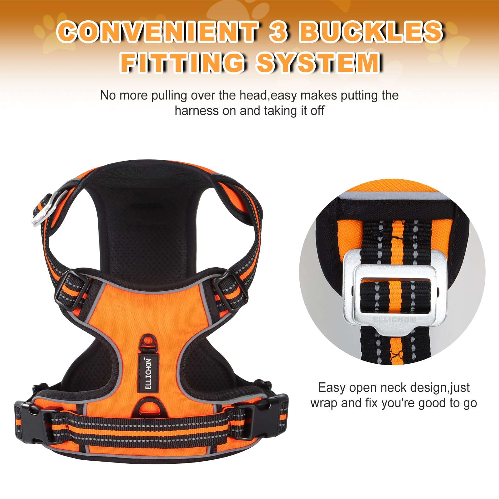 Ellichom No Pull Dog Harness With 3 Snap Buckles,No Choke Front Lead Pet Harness Reflective And Adjustable Soft Padded Vest For