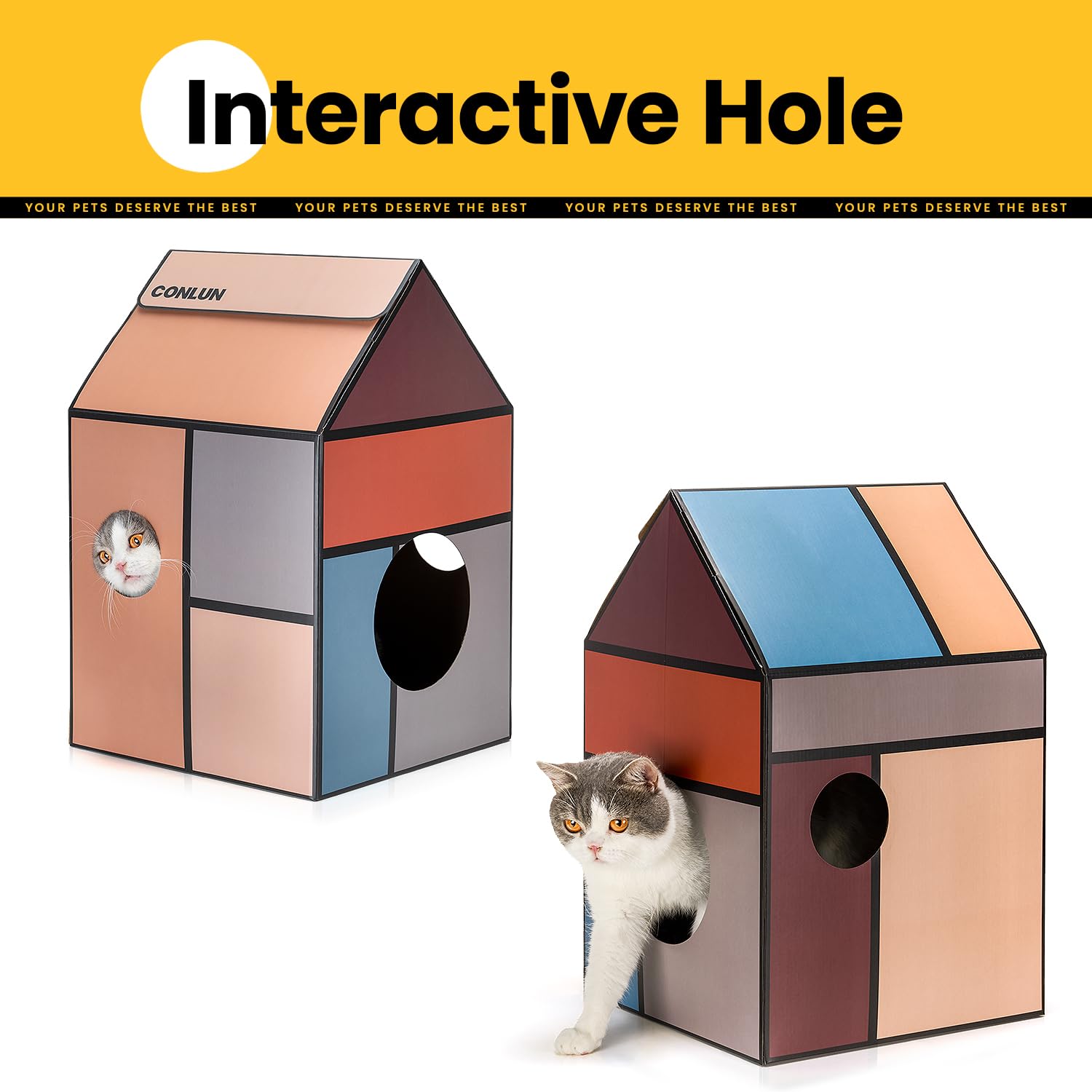 Conlun Cardboard Cat House with Scratch Pad & Catnip, Cat Play Scratching House for Indoor Hideaway Furniture, Heavy Duty Sturdy