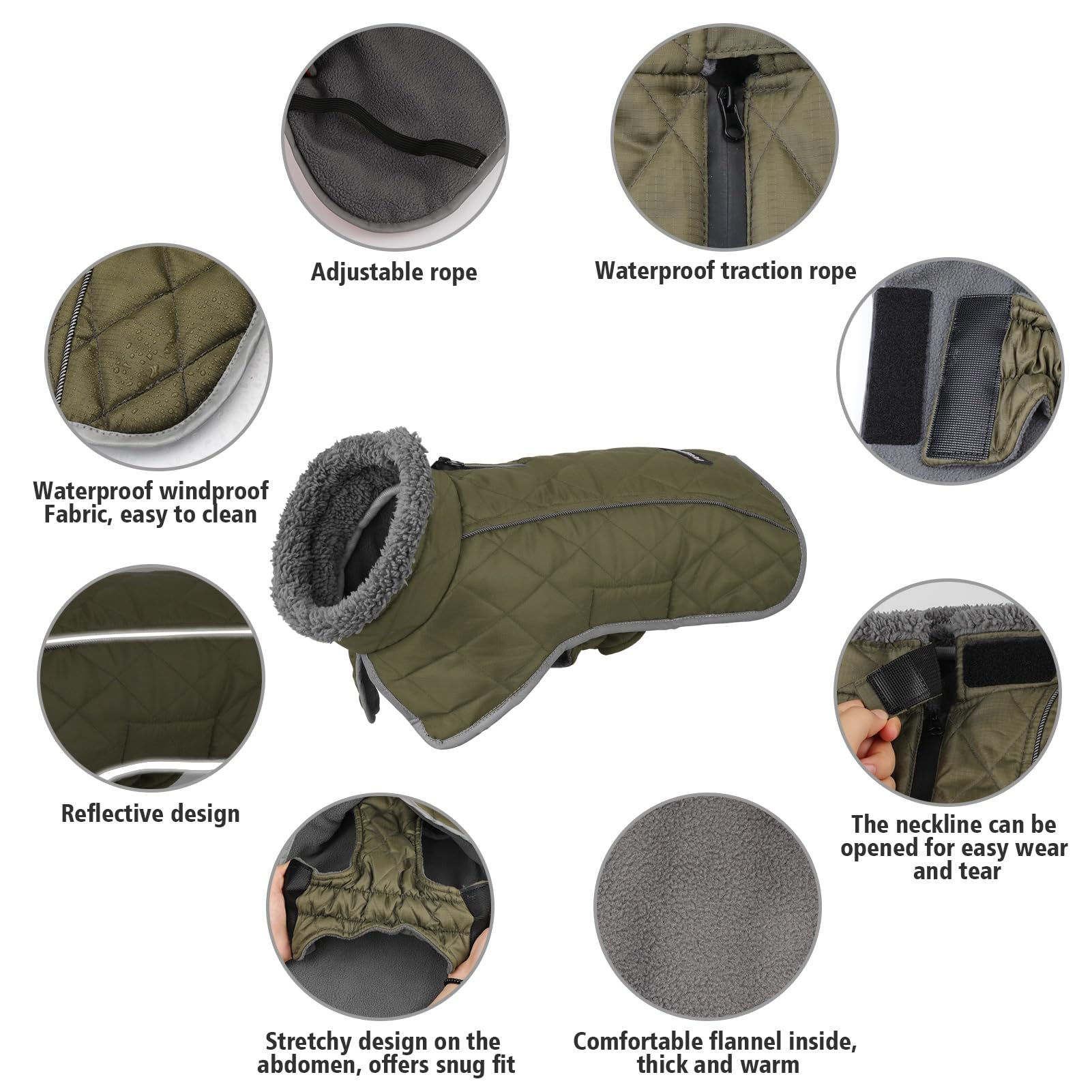 Fragralley Winter Coat - Windproof, Adjustable Dog Jacket, Waterproof, Turtleneck Clothes Doggie Cold Weather Vest Fleece (Armyg