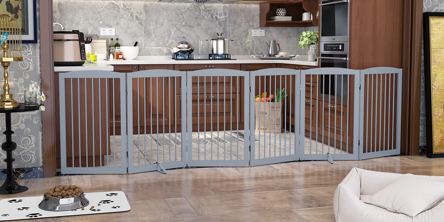 Pupetpo Freestanding Pet Gate For Dogs, Indoor Wooden Dog Gate For House, Extra Wide Dog Gate, Foldable Dog Gate For Stairs, Doorways, Halls, Support Feet Included, 120 Inch Wide, 6 Panels 32', Grey
