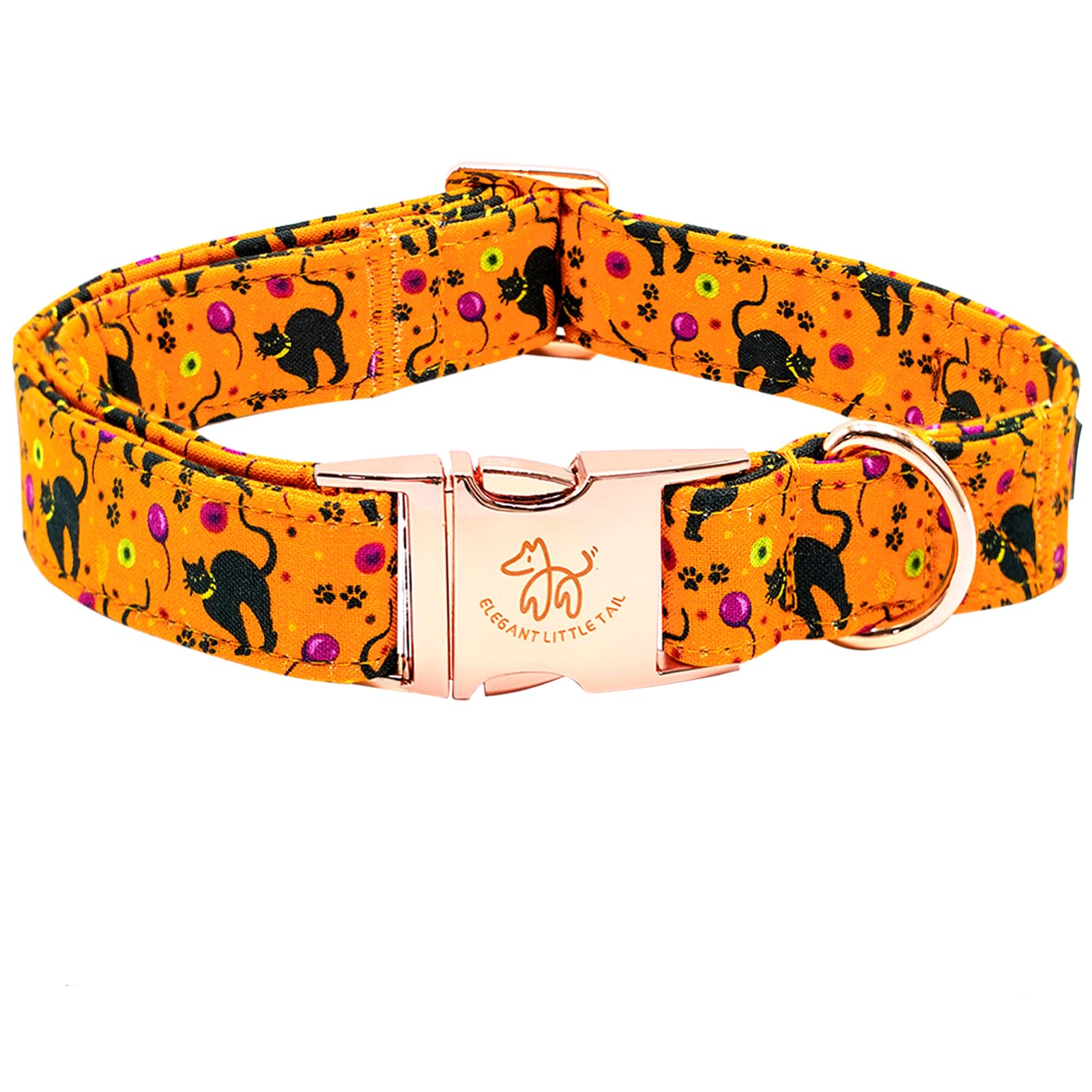 Elegant Little Tail Halloween Cat Print Cotton Dog Collar - Adjustable, Metal Buckle, X-Small Puppy
