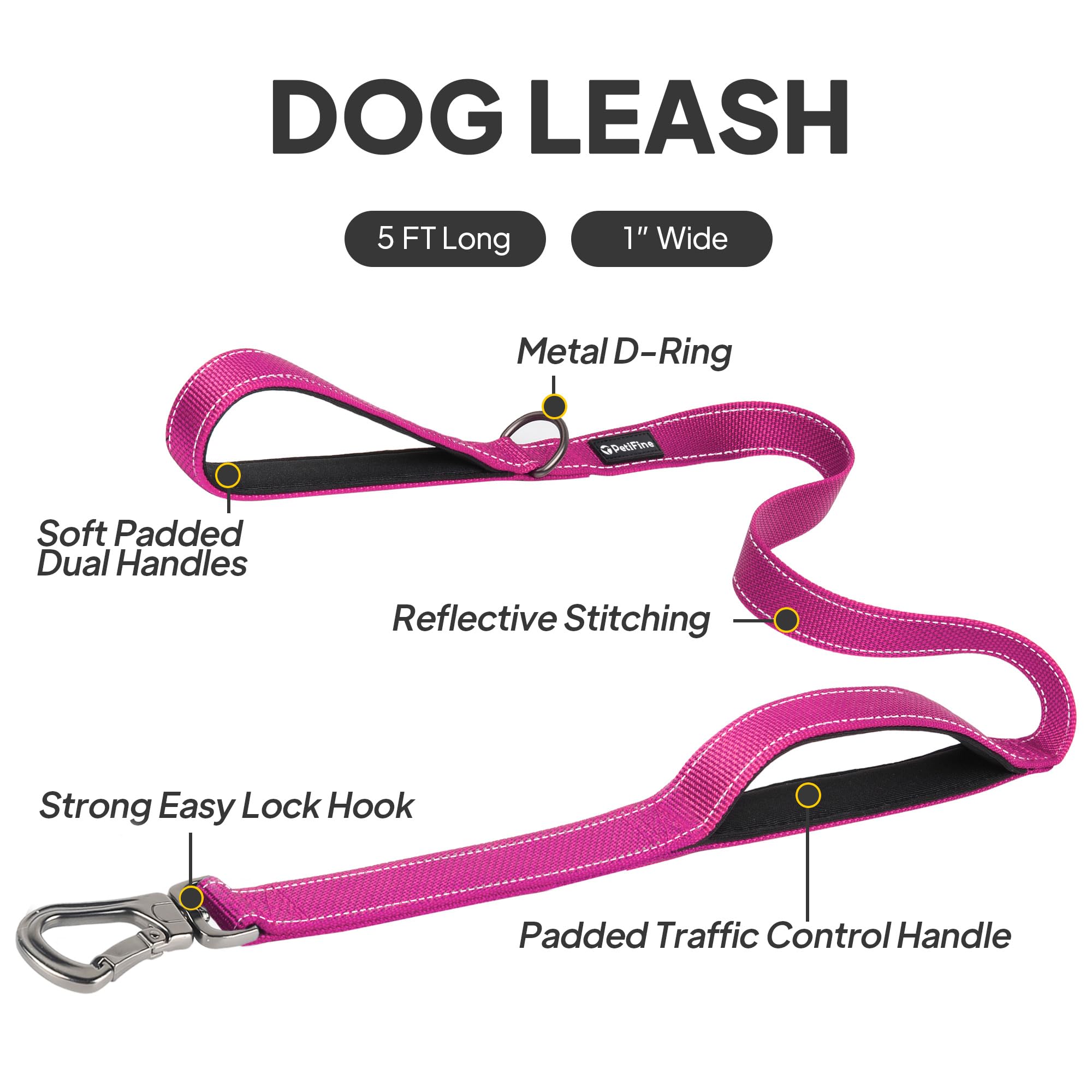Petifine 5Ft Heavy Duty Dog Leash With Soft Padded Double Handle, Durable Strong Clasp Dog Leashes, Reflective Nylon Walking Lead For Large,Medium,Small Breed Dogs, Rose