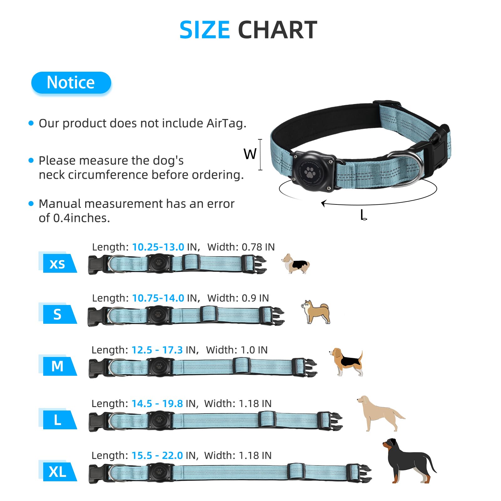 Upgraded Airtag Dog Collar, Ip68 Waterproof Air Tag Dog Collar Holder, Reflective, Ultra-Durable, Comfortable Padded, Heavy Duty Dog Collars For Small Medium Large Dogs (L (14.8'-20.3'), Lightblue)