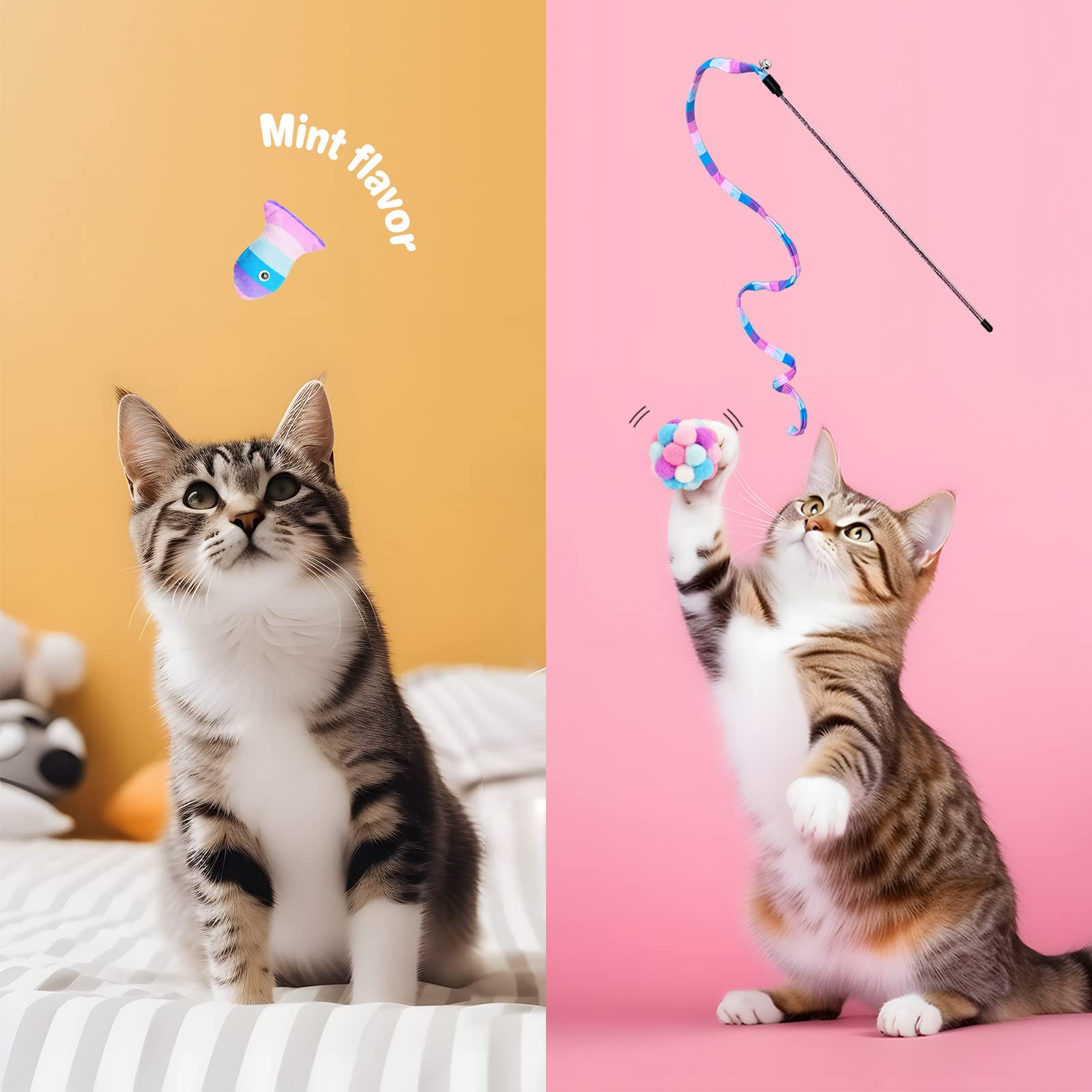 Tusatiy Cat Toys 3 Pack Set - Rainbow Cat Wand, String & Ball With Bell & Catnip, Interactive Kitten Toys For Indoor Play (Purpl