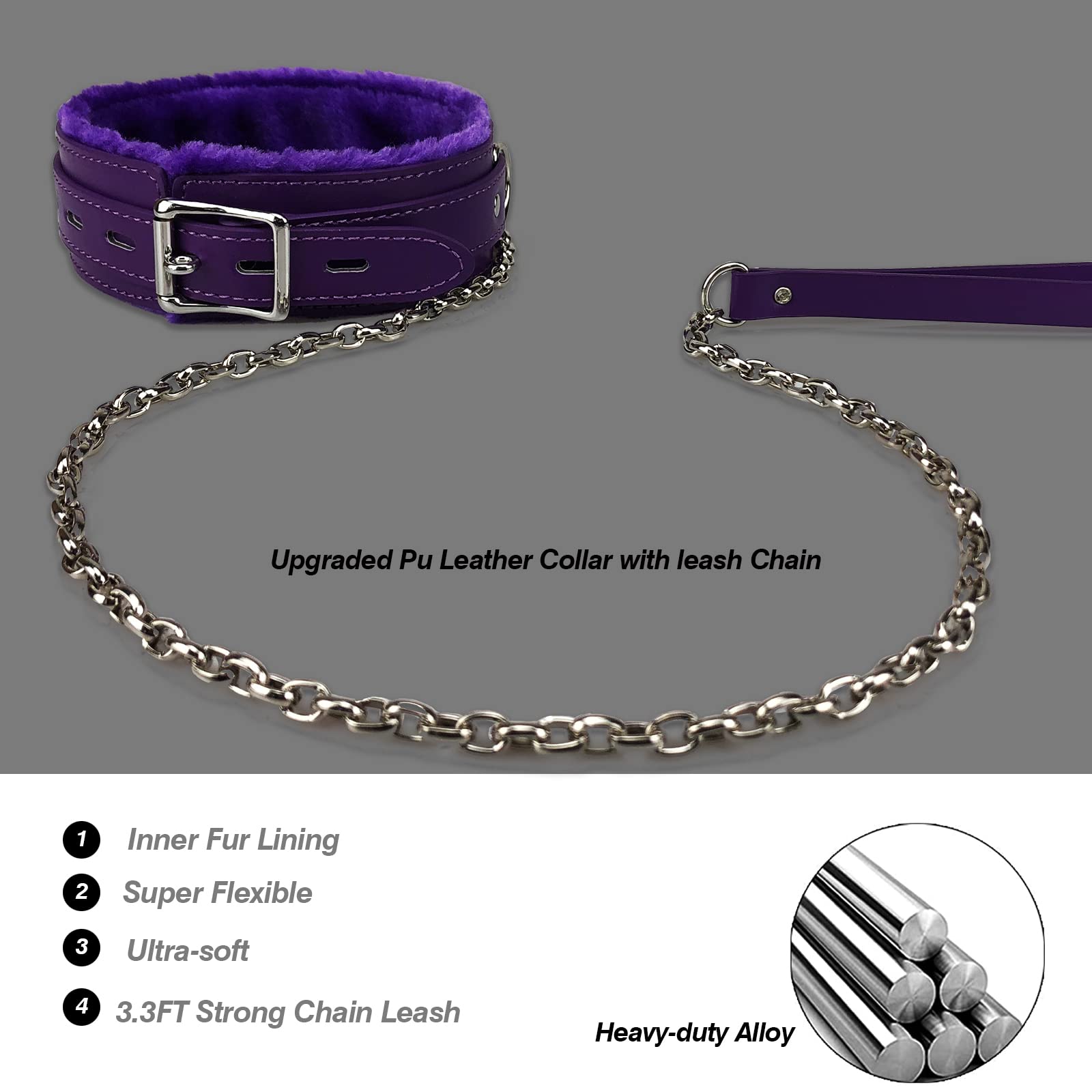 Gothic Leather Choker Collar, Pu Leather Fur Lined Collars Necklace With Long And Durable Detachable Leash Chain Pet Collars, Pu
