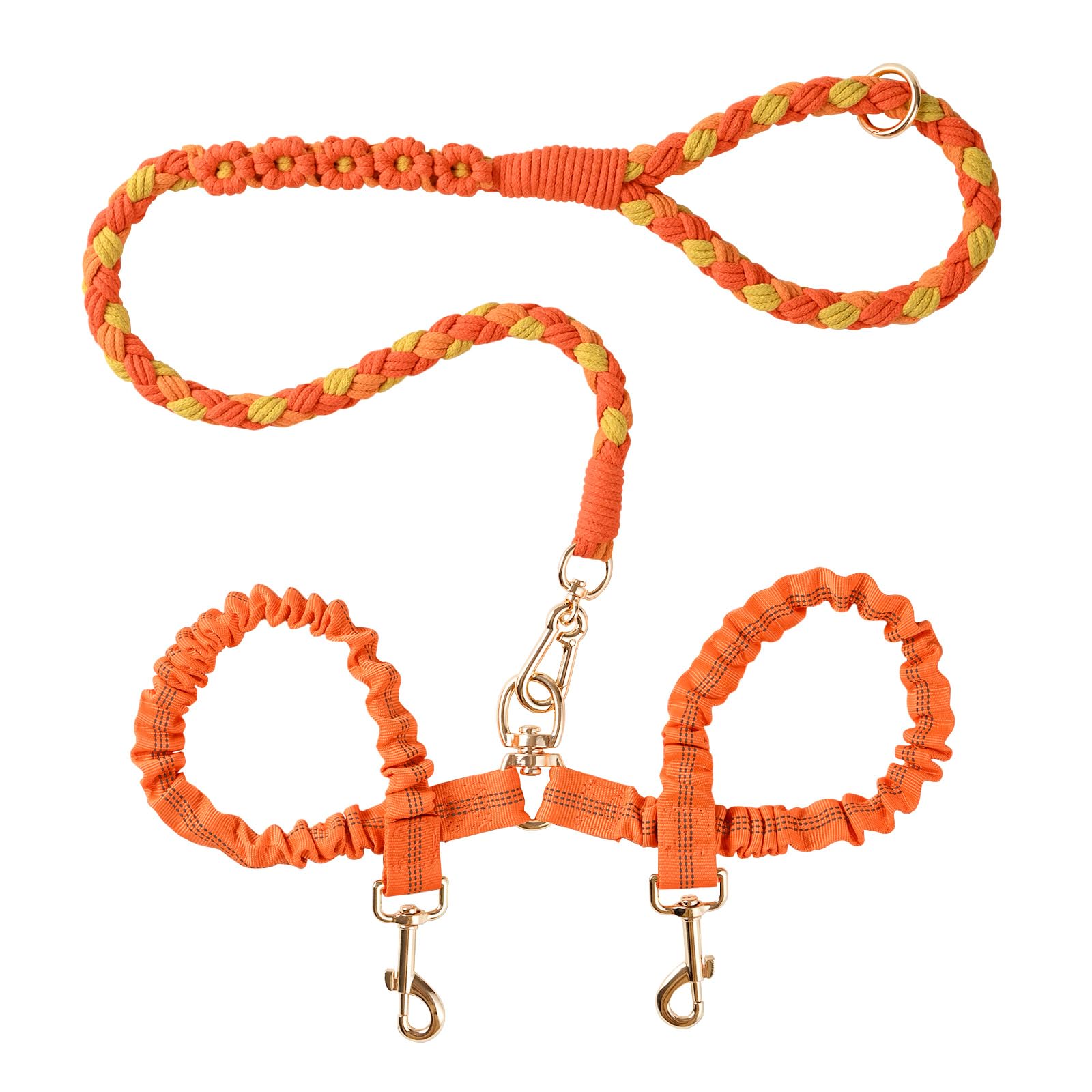 Dual Dog Leash,Double Dog 360 Swivel No Tangle Walking Leash,Comfortable Shock Absorbing Reflective Bungee For Two Dogs(Orange)
