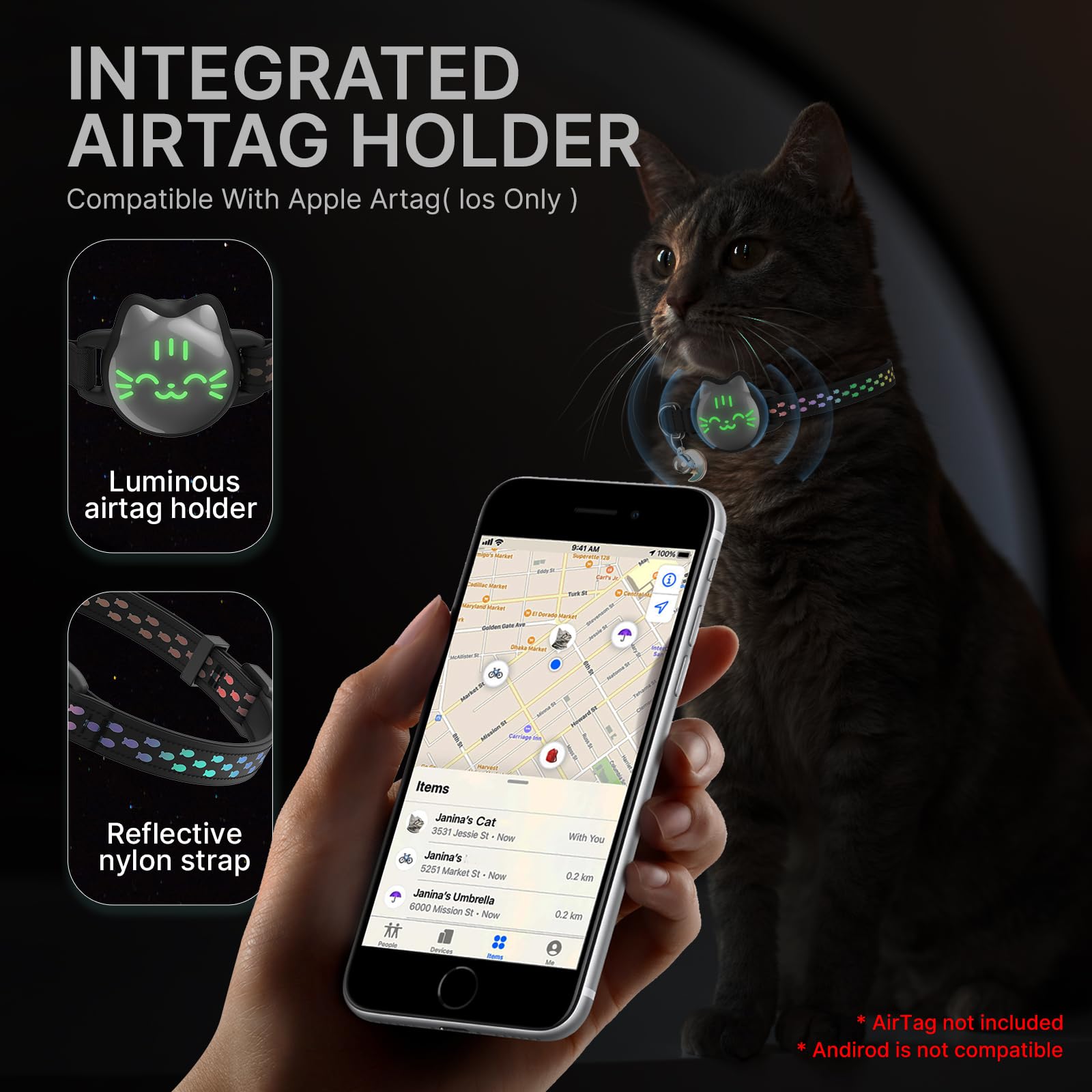 Waterproof Airtag Cat Collar, Breakaway Cat Airtag Collar With Luminous & Reflective Fish Pattern, Lightweight Kitten Collar For Apple Air Tag, Hidden Gps Tracker Holder For Cats, Kittens(9-13')