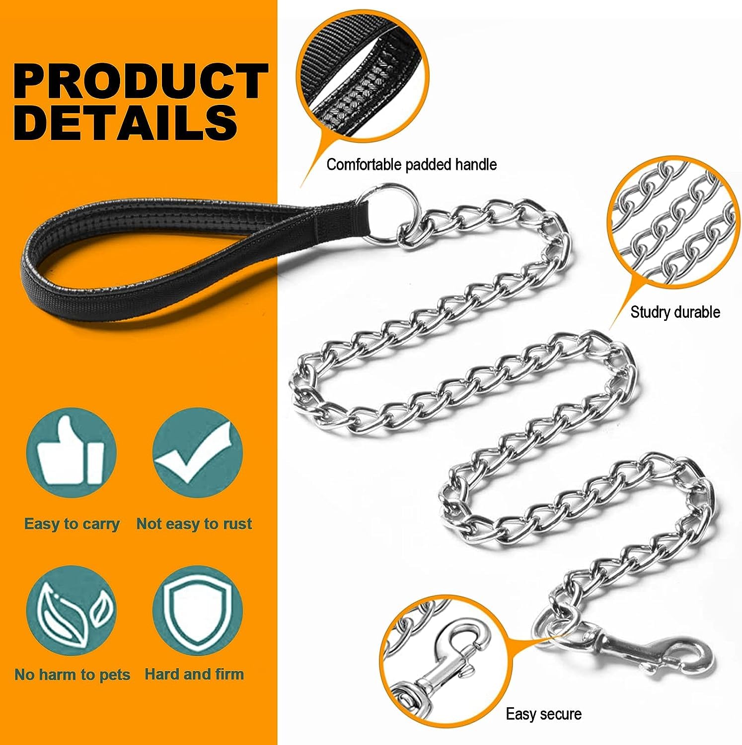 Heavy Duty Metal Dog Leash, 5 FT Chew Proof Pet Leash Chain with Soft Padded Handle for Large & Medium Size Dogs (5 FTx3 mm (20-