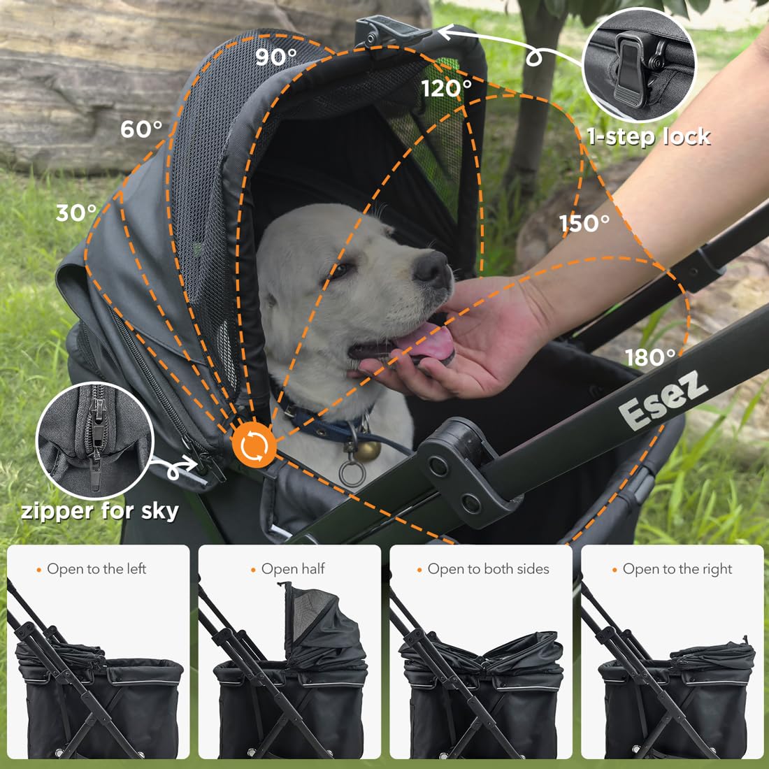Esez Pet Stroller For Small Dogs - No-Zip Deep Seat, Lightweight Compact Dog Stroller For Small Dogs & Cats With Reflective Trim
