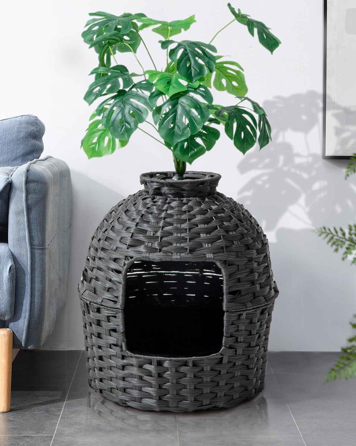 Setvson Cat Litter Box Plant Furniture Enclosure, Hidden Handwoven Rattan With Cat Litter Box And Artificial Plants, Odor Contro