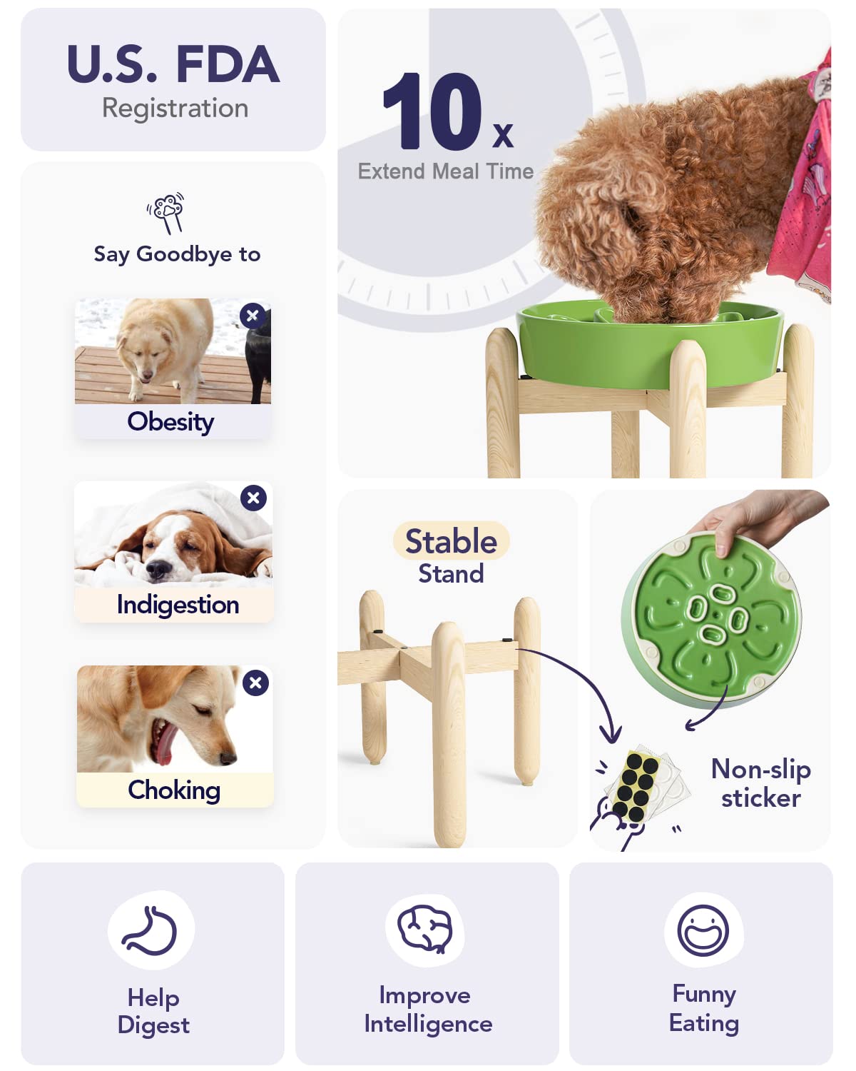 LE TAUCI Ceramic Slow Feeder Dog Bowls Elevated for Small and Medium Breed, Dog Bowls with Wooden Stand, 1.5 Cups Pet Dishes to
