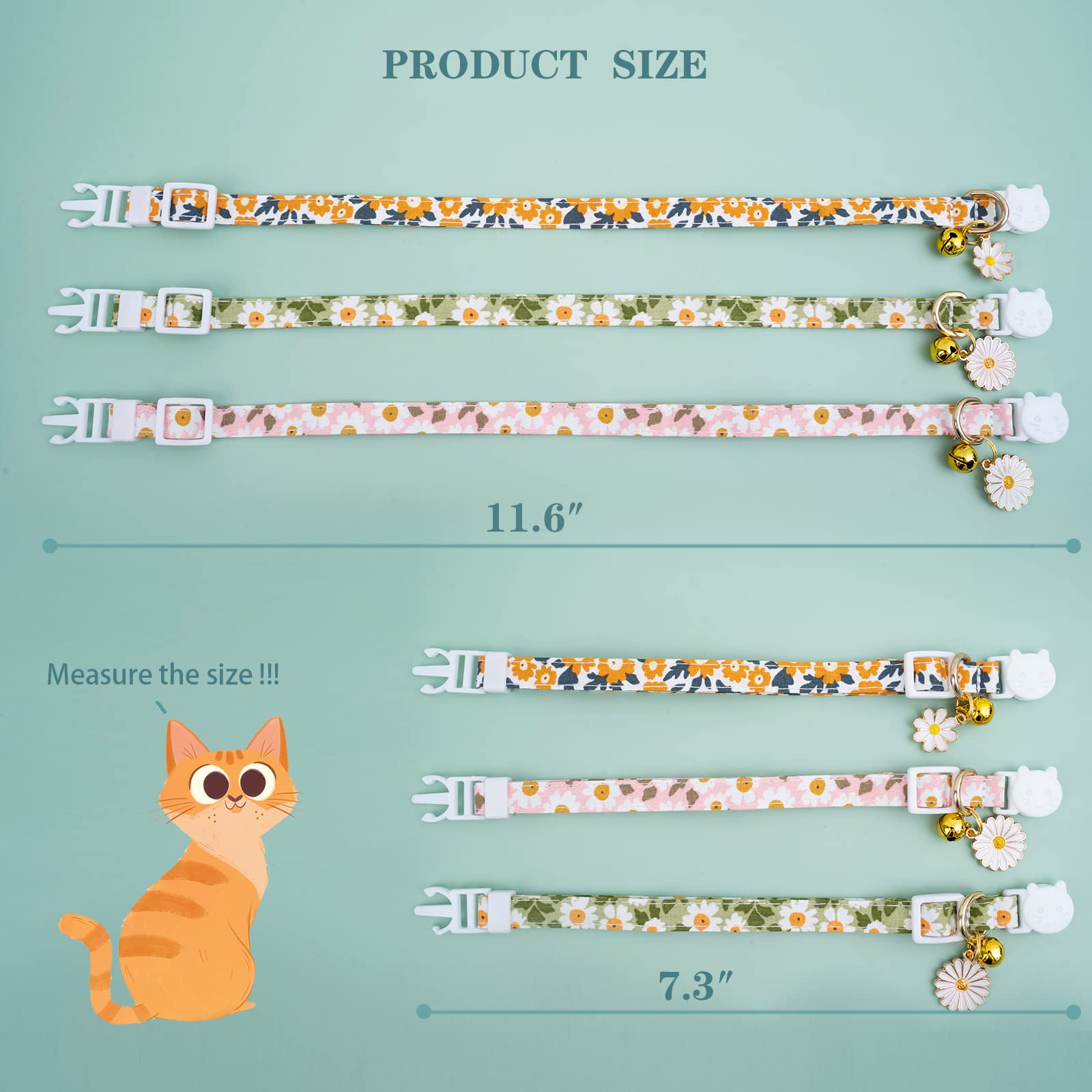 Faygarsle 3 Pack Cotton Safe Breakaway Cat Collars With Bell Daisy Charm Green Orange Pink Kitty Kitten Cute Cat Collars For Girl Cats Female Cats