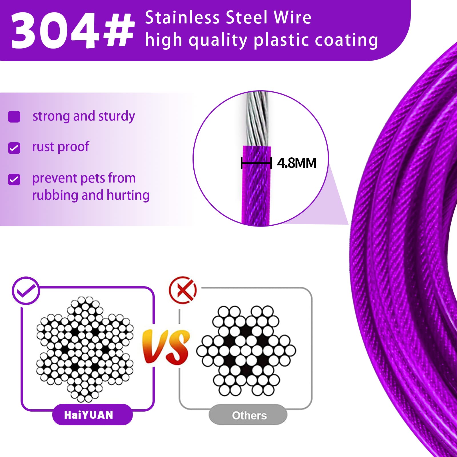 HaiYUAN Dog Tie Out Cable 10/15/20/25/30 FT Runner for Yard Steel Wire Cable with Durable Superior Clips Purple Chains for Outside Dog Lead for Large Up to 165 Lbs -Like New