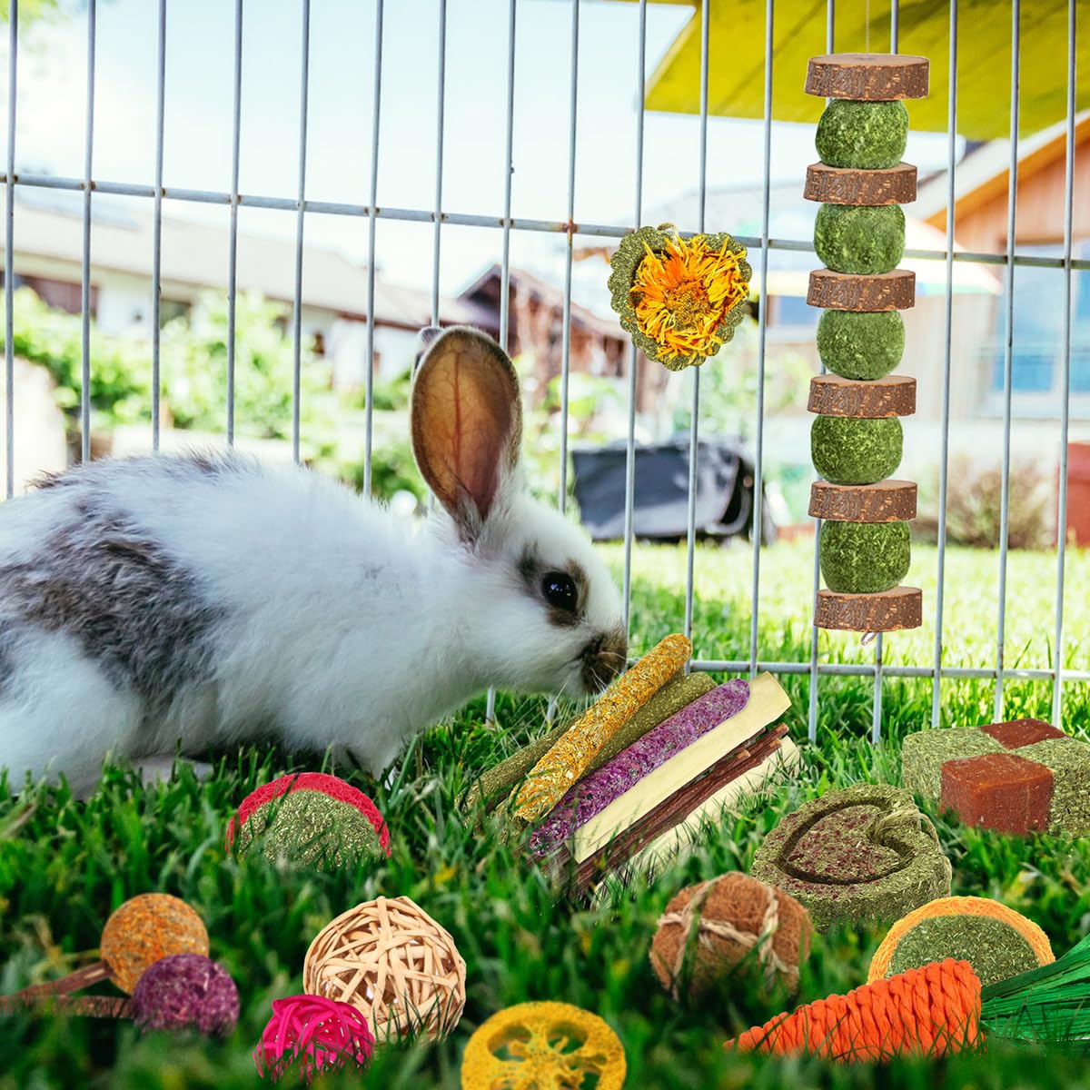 YIXUND Rabbit & Guinea Pig Toys - 27 Pcs Natural Timothy Hay & Apple Wood Sticks for Teeth Care - Handmade for Hamsters, Bunnies, Chinchillas