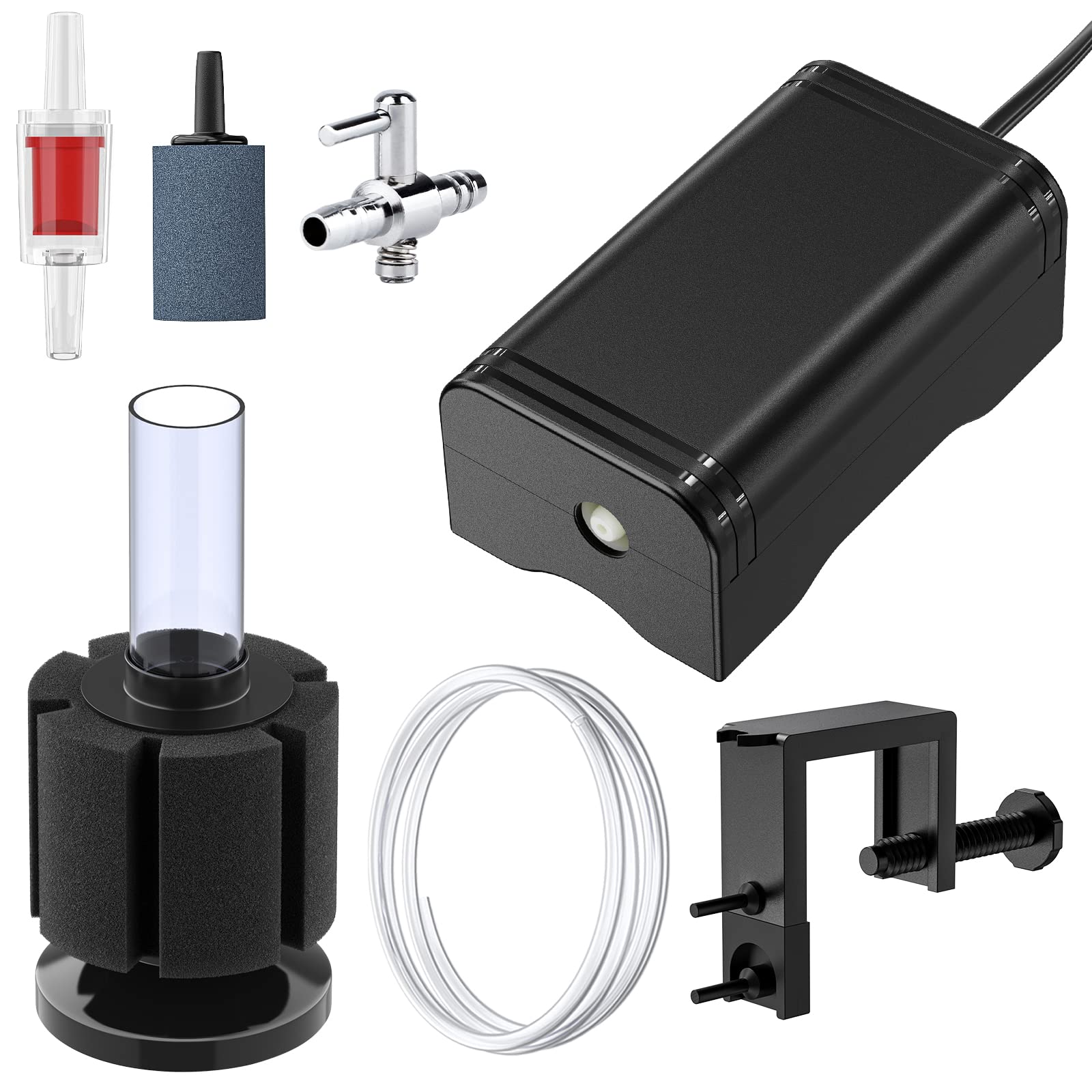 Pawfly Mini Aquarium Air Pump 15 GPH Quiet Oxygen Aerator Pump with Bracket Airline Tubing Bio Sponge Filter Air Stone Control V