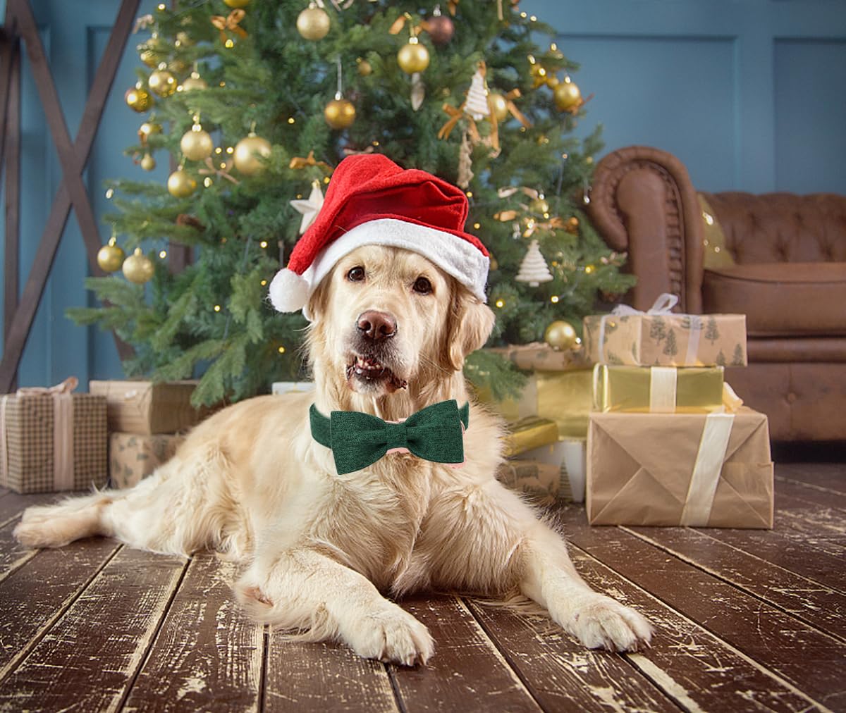 DOGWONG Hemp Cotton Dog Collar with Bow, Christmas Green Pet Collar Durable Adjustable Puppy Collar for Large Dogs