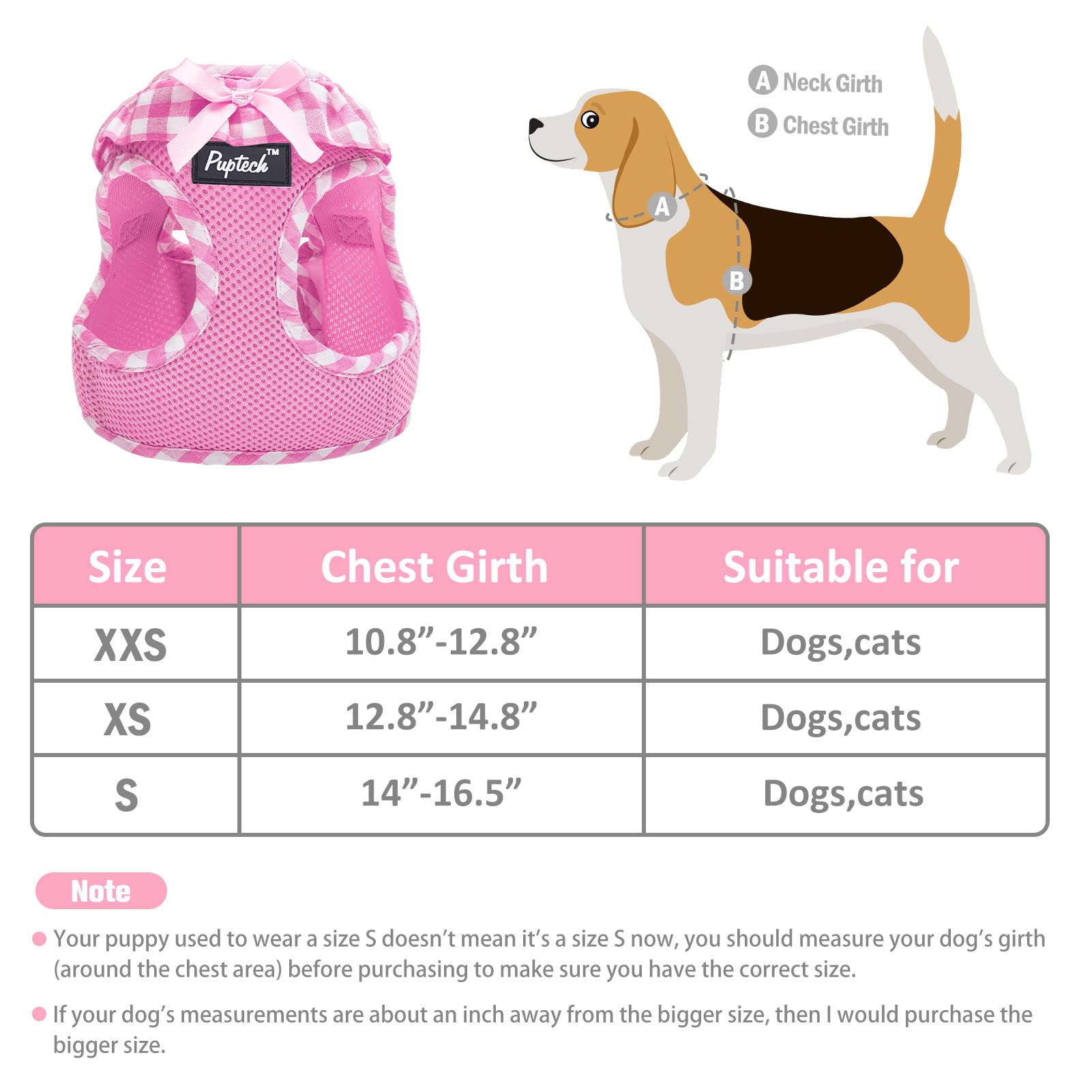 Pupteck Small Dog Harness No Pull Step-In Puppy Cat Harness Soft Mesh For Girls, Pink S
