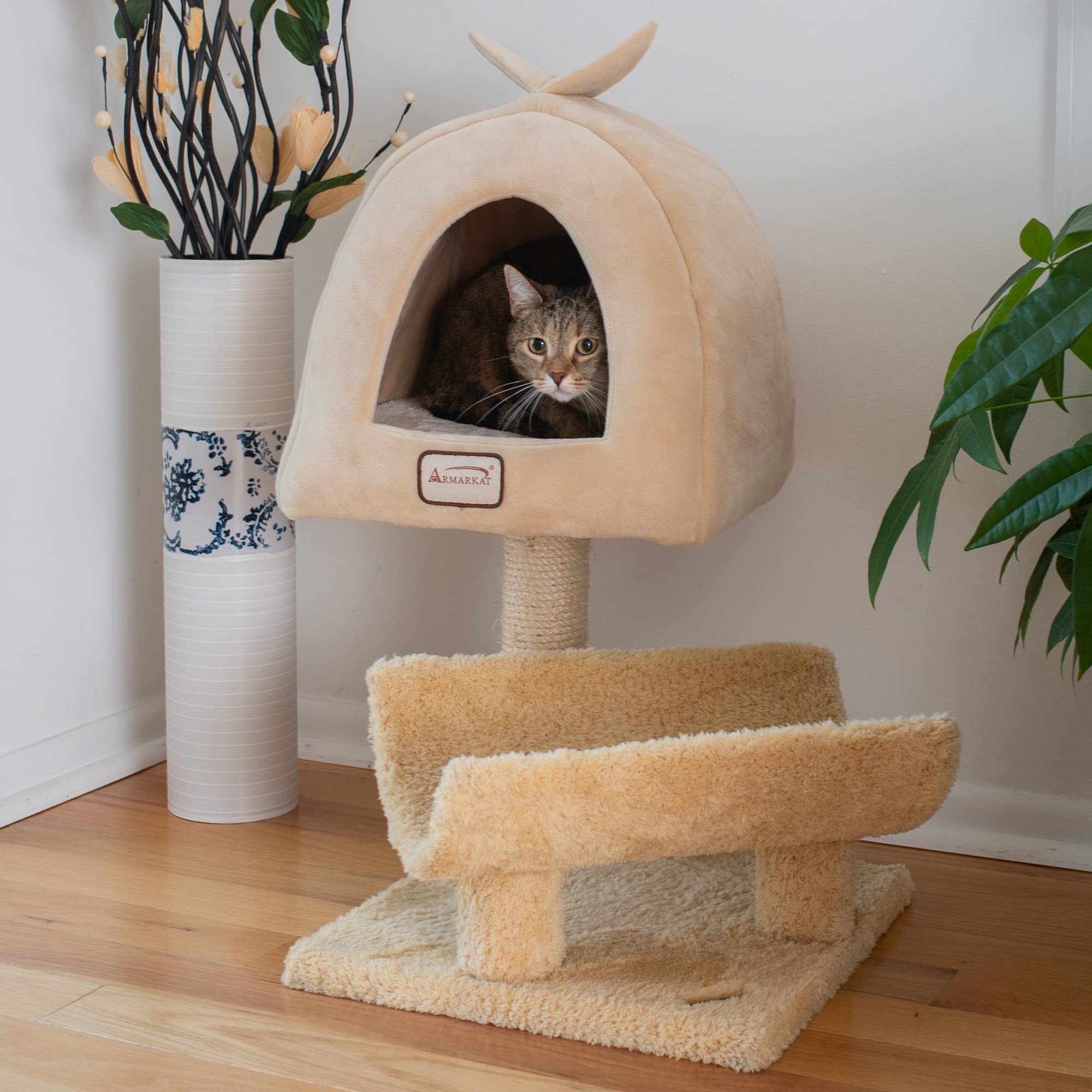 Armarkat X3007 Cat Condo, Real Wood Cat Scratching Post with Plush Condo, Cuddle