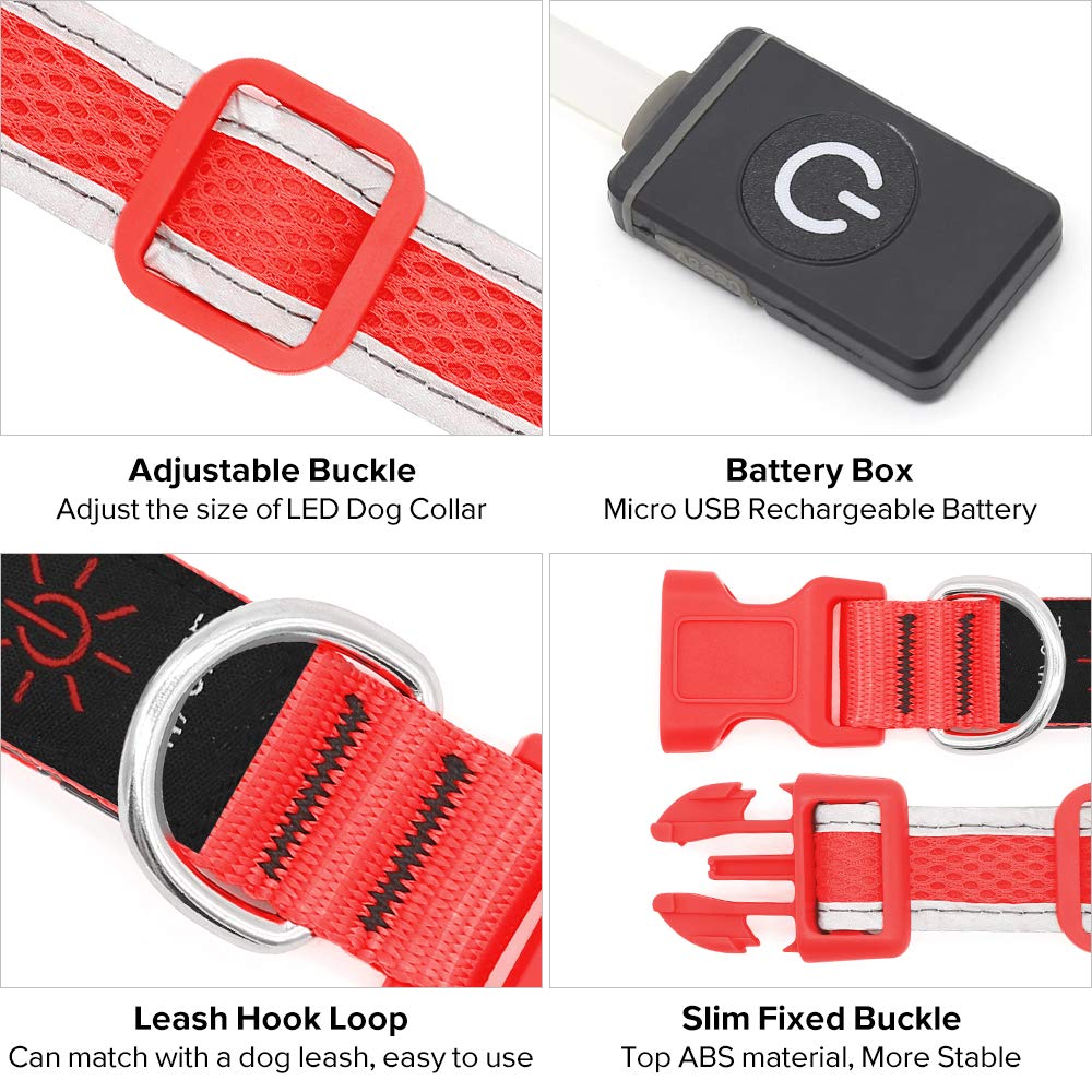 Flashseen Led Dog Collar, Usb Rechargeable Light Up Dog Collar Lights, Adjustable Comfortable Soft Mesh Safety Dog Collar For Small, Medium, Large Dogs(Small, Ruby Red)
