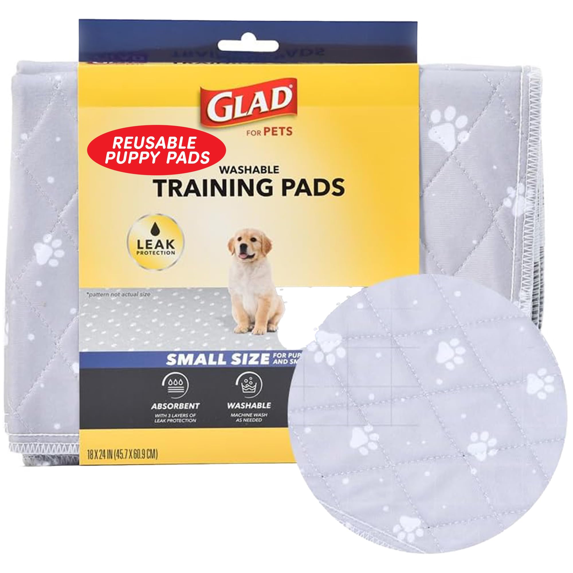 Glad for Pets Reusable Dog Pee Pads, Gray with Paw Prints - Washable Potty Pads for Dogs, Cloth Puppy Potty Training Pads, Puppy