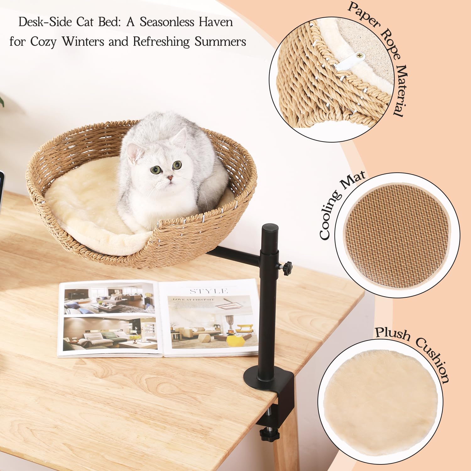 Coolex Cat Desk Bed, 360Rotating & Adjustable Cat Bed For Desk, Desk Cat Nest Bed Max Load 50 Lbs, Soft Pet Bed With Pet Mat Ind