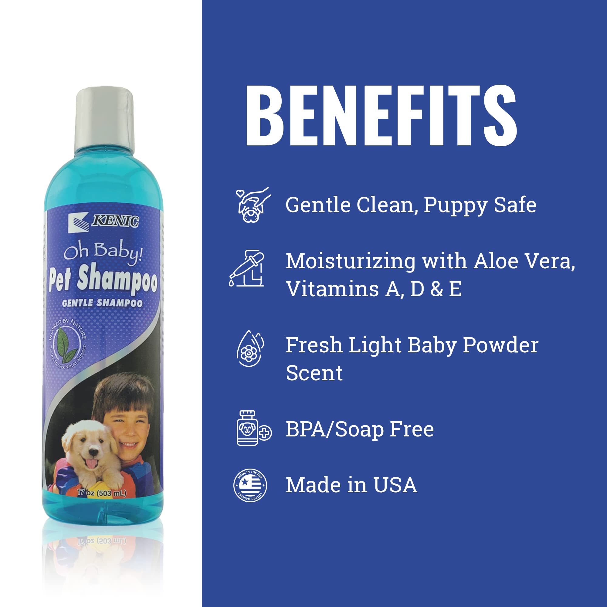 Kenic Oh Baby Gentle Puppy Shampoo - Tear-Free, Soap-Free, Baby Powder Scent, 17oz, Blue, Model K1910