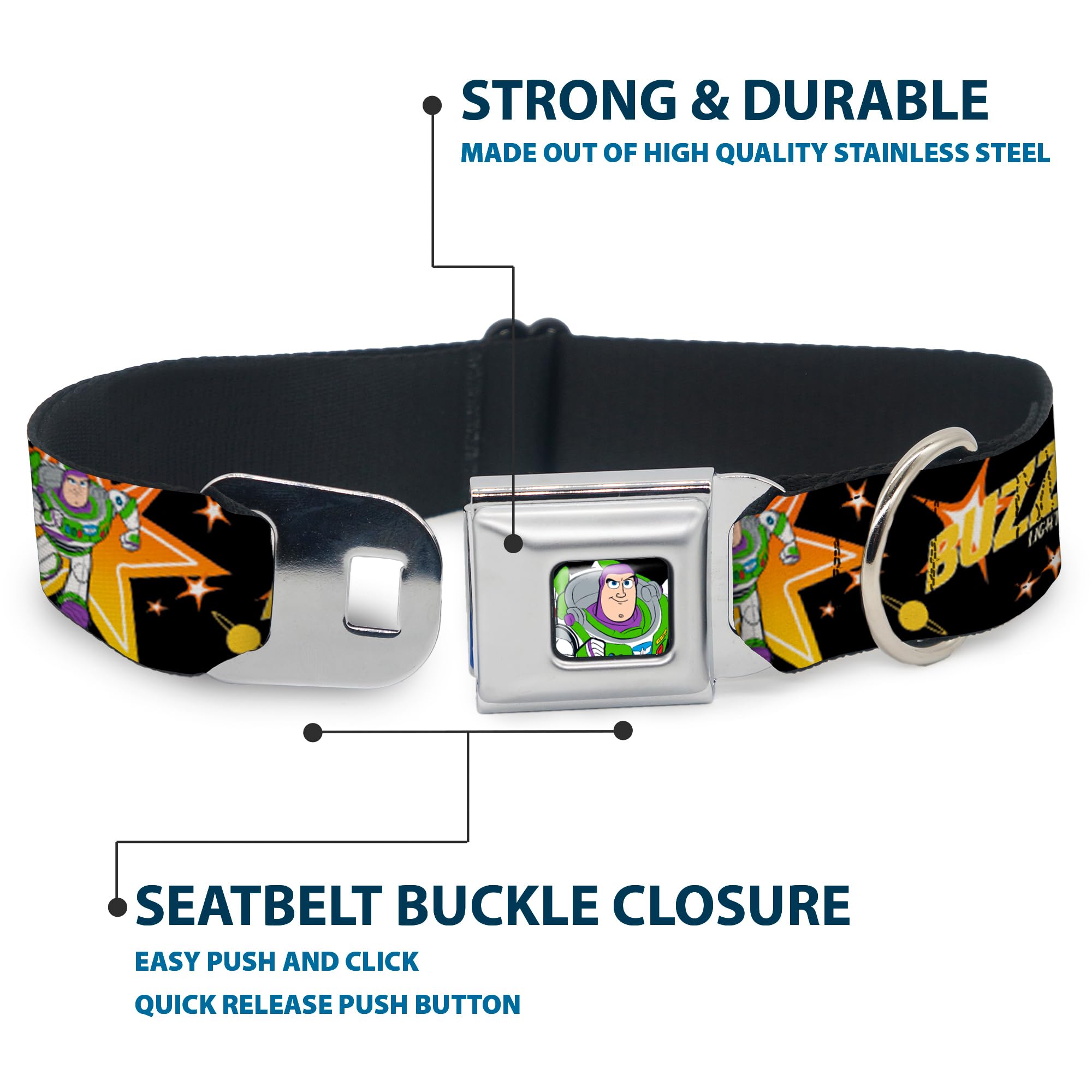 Buckle-Down Dog Collar Seatbelt Buckle Toy Story Buzz Lightyear Running Stars Black Orange Yellow 9 To 15 Inches 1.0 Inch Wide