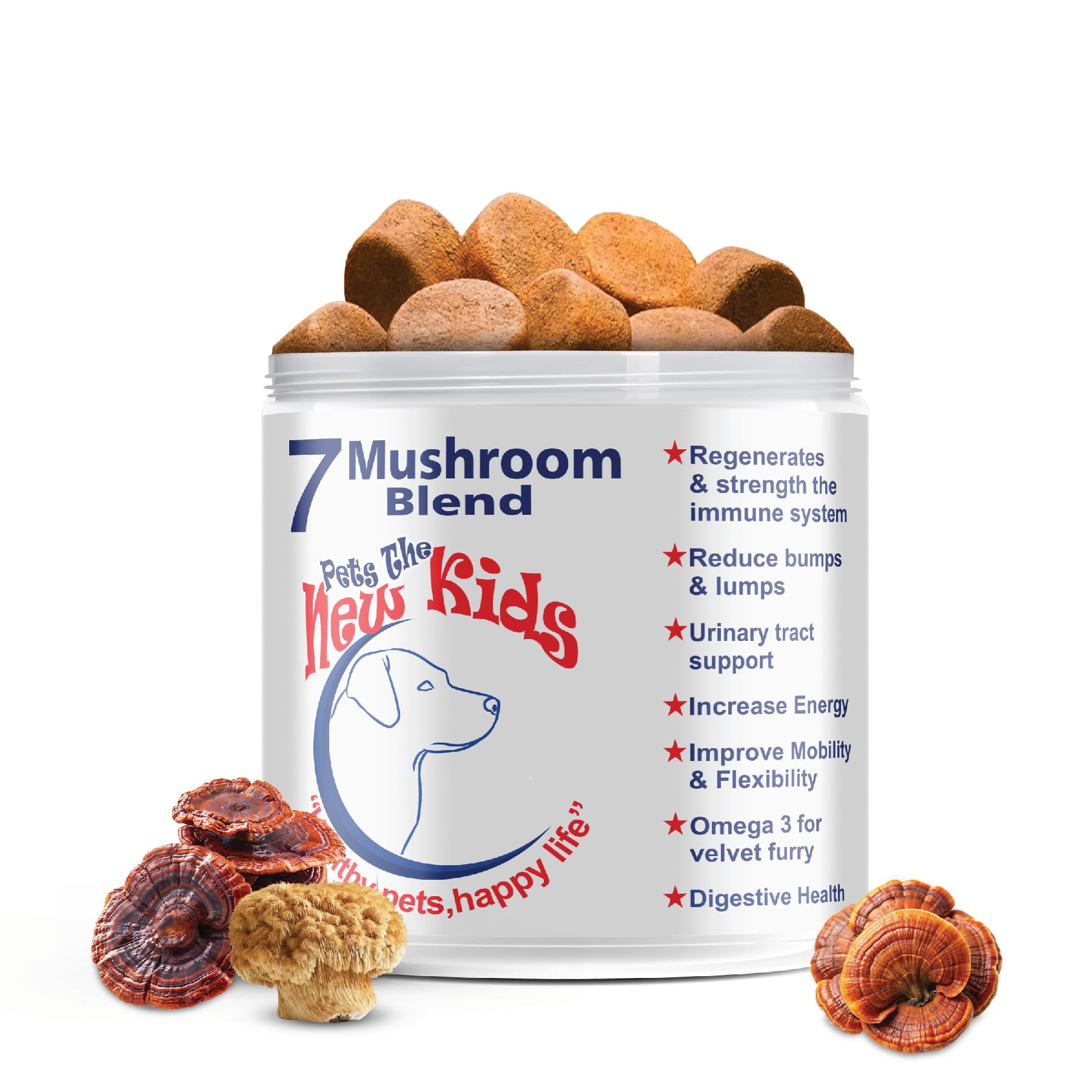 7 Mushroom Blend Supplement for Dogs with Omega 3 Fish Oil & Cranberry Extract No More Messy Foods with Powders!, Each chew Have