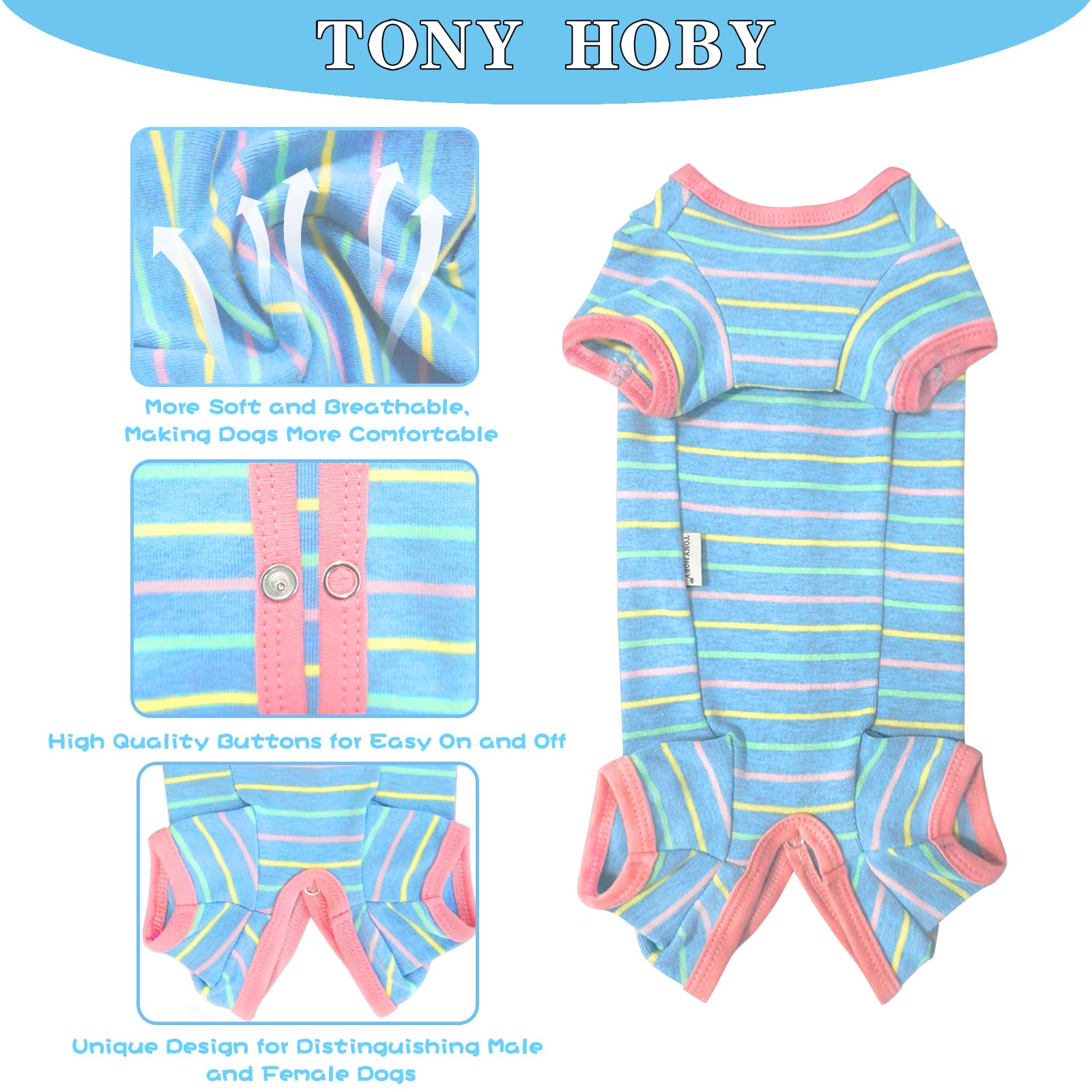 Tony Hoby Female Dog Pajamas, Dog Thermal Jumpsuit With Stripe For Small/Medium Dogs (Light Blue, Girl, Xl)