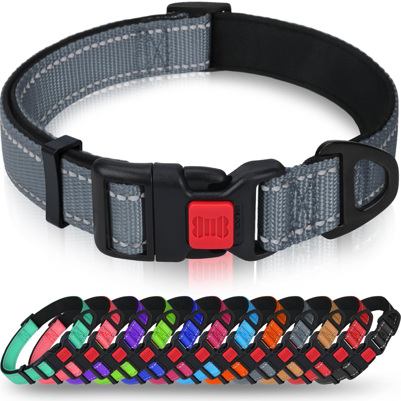 Taglory Reflective Dog Collar With Safety Locking Buckle, Adjustable Nylon Pet Collars For Large Dogs Female Male, Grey, L