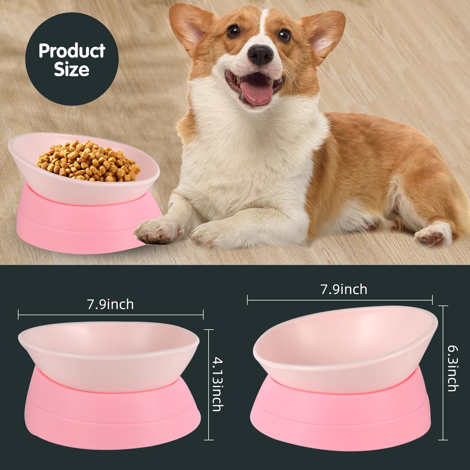 Bulldog Bowl Anti-Slip Dog Cat Dish Detachable Rubber Dog Bowl Pet Sterile Tilted Pet Feeder Slope Base (Pink, 3.5 Cup (Medium/L