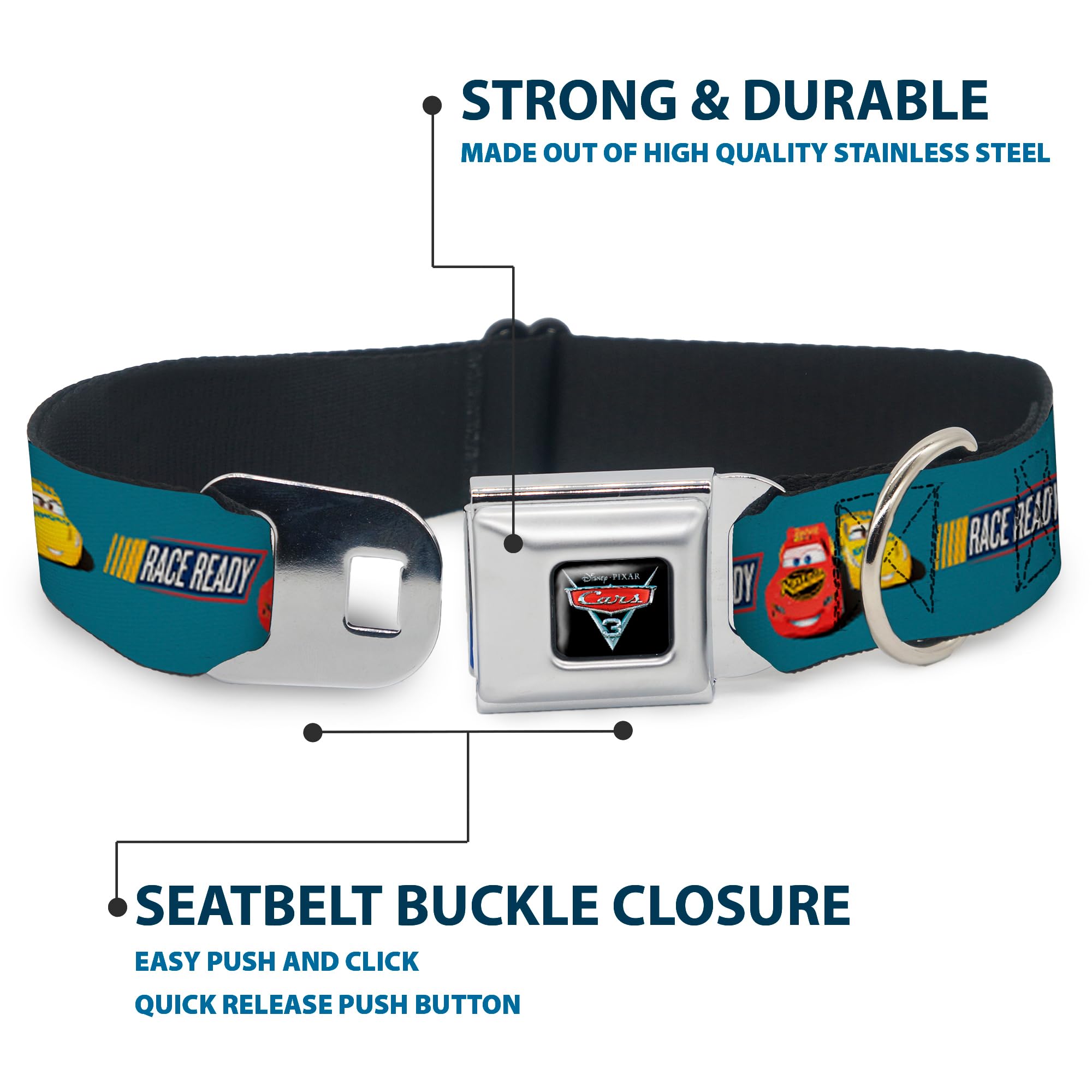 Buckle-Down Dc-Wdy417-Ws Seatbelt Dog Collar, Wide Small, Cars 3 Lightning Mcqueen/Cruz Ramirez Pose Race Ready Blue/Yellow/Red
