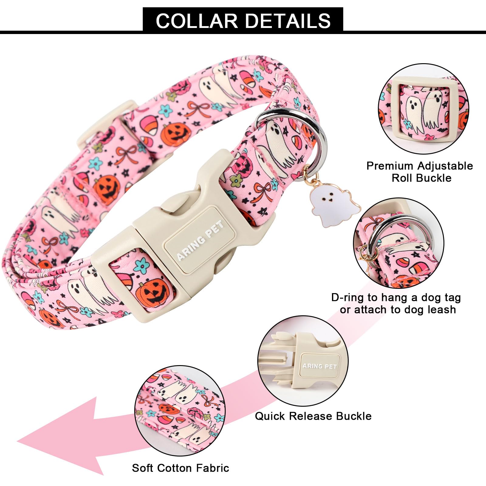 Aring Pet Halloween Dog Collar-Cute Pink Dog Collars, Adjustable Pumpkin Ghost Printed Pet Collars Puppy Collar With Quick Relea