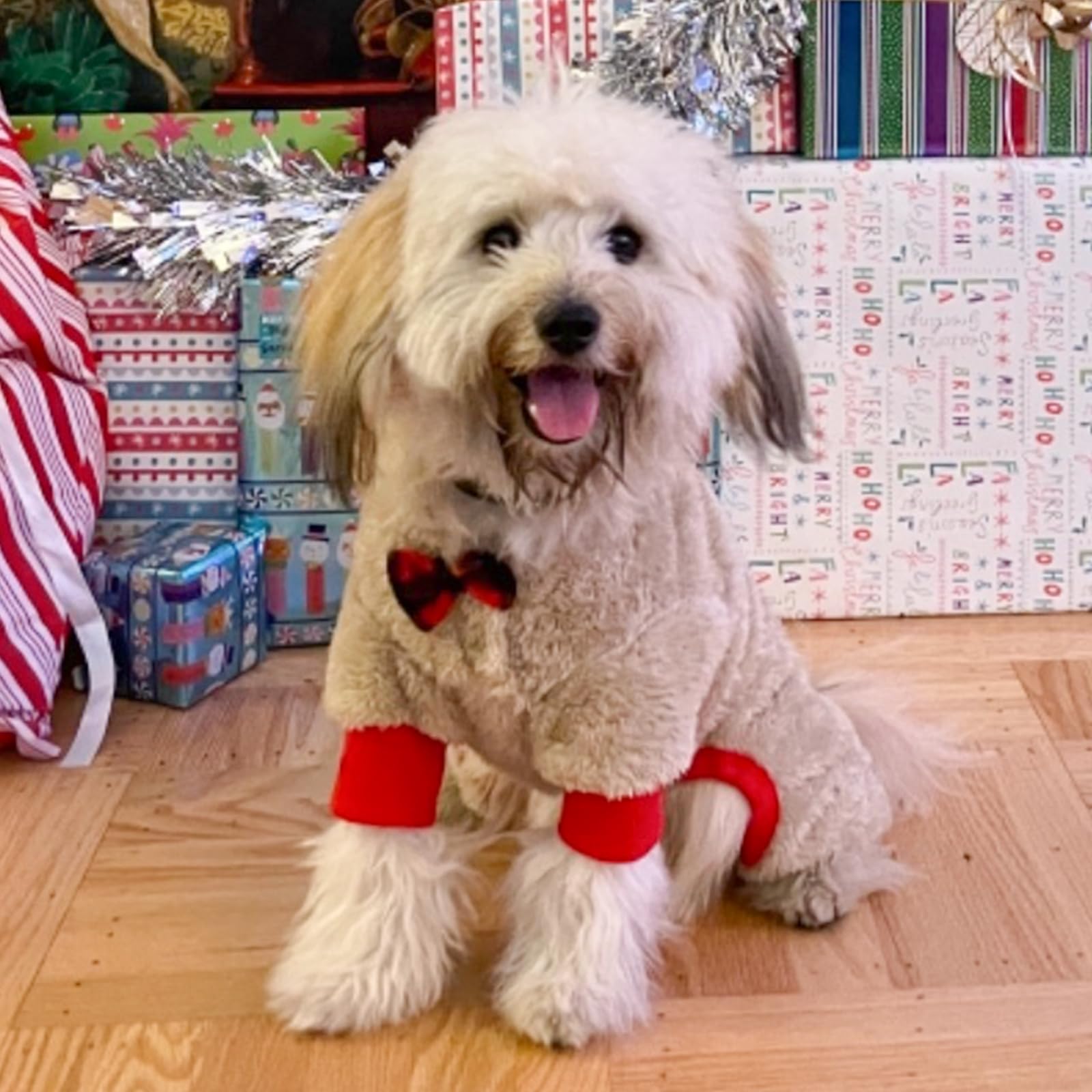 Kyeese Holiday Dog Pajama Christmas Reindeer With Bowtie Red Buffalo Check Small Dog Pajamas Plaid Pet Pajamas,X-Large