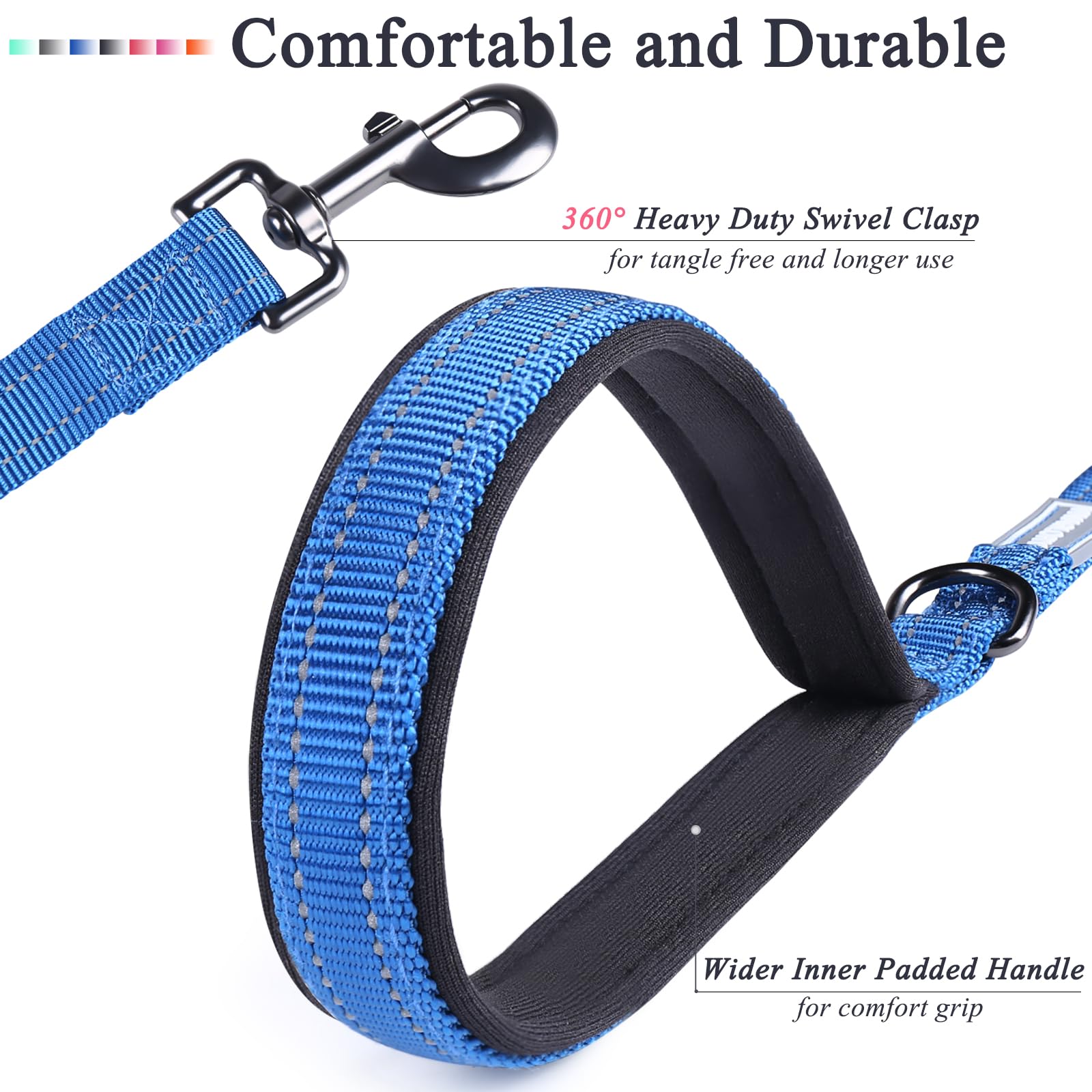 Vivaglory Traffic Handle Dog Leash, Two Padded Soft Handles Dog Leash, Strong Reflective & Metal Hook Training Pet Lead, Blue