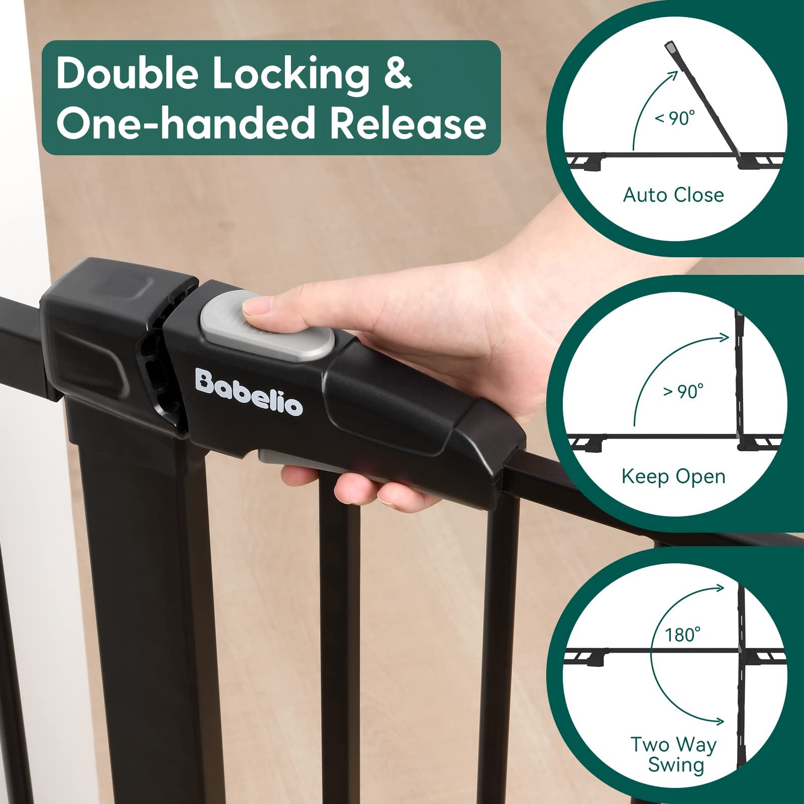 Babelio Metal Baby Gate, 29-48' Auto Close Easy Install Pet Gate, Extra Wide Walk Thru Child Safety Gate, Pressure Mounted Dog Gate For Doorways And Stairs, With Y Spindle Rods, Black