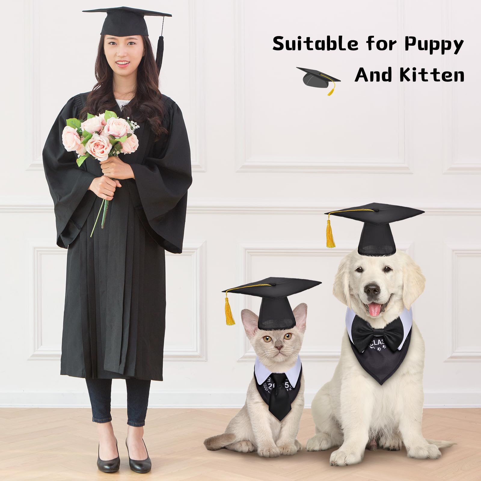 Weewooday 6 Pcs 2025 Pet Dog Graduation Cap Adjustable Pets Dog Cat Bow Tie Dog Graduation Bandana Caps With Yellow Tassel Forma