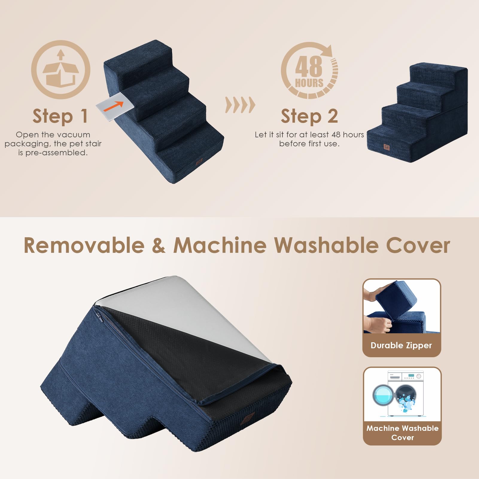 Eheyciga Dog Stairs For Bed 18”H, 4-Step Dog Steps For High Bed, Pet Steps For Small Dogs And Cats, Non-Slip Balanced Dog Indoor Ramp, Navy Blue