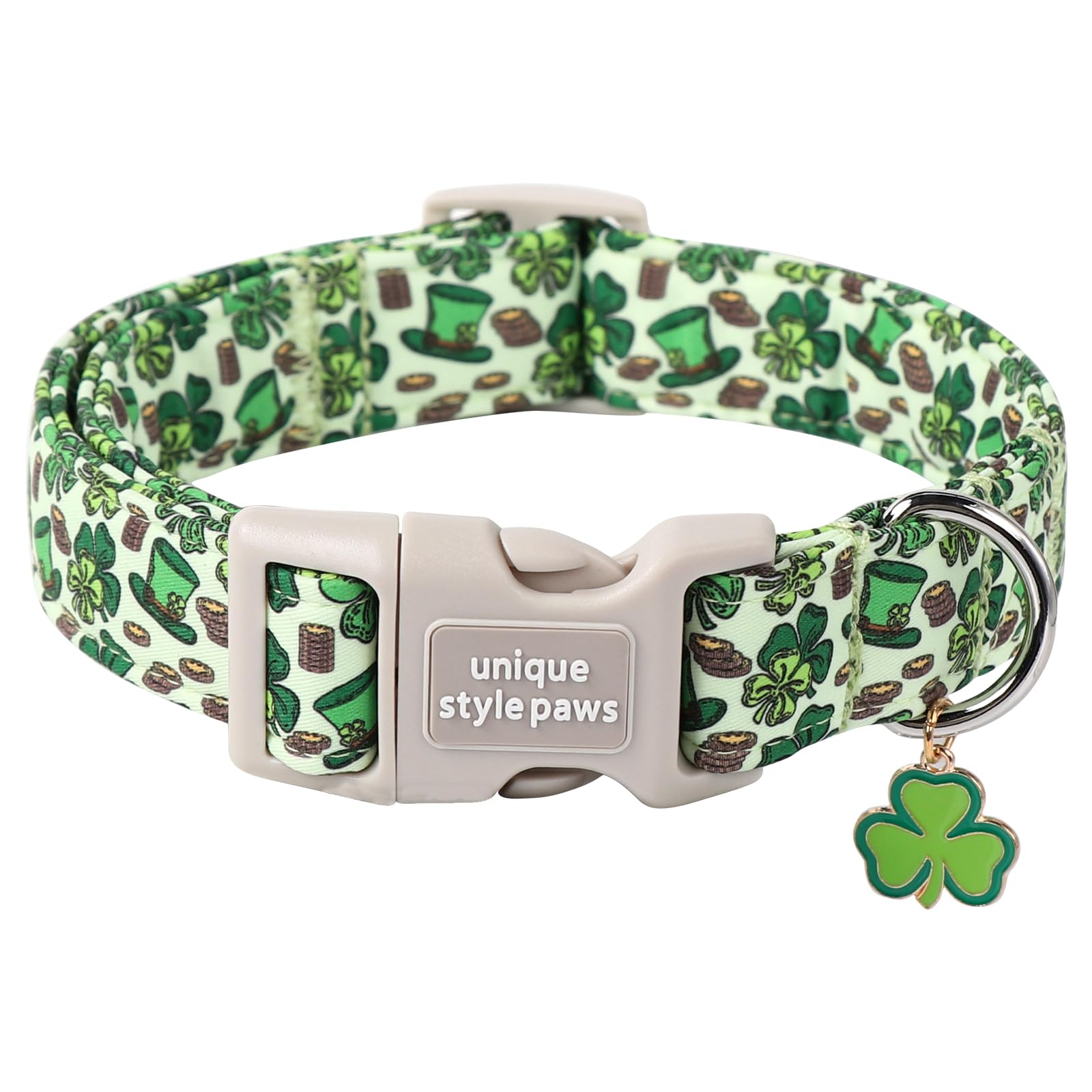 St. Patrick'S Shamrock Dog Collar, Unique Green Trefoil, Adjustable Cotton With Quick Release Buckle For Large, Medium, Small Do