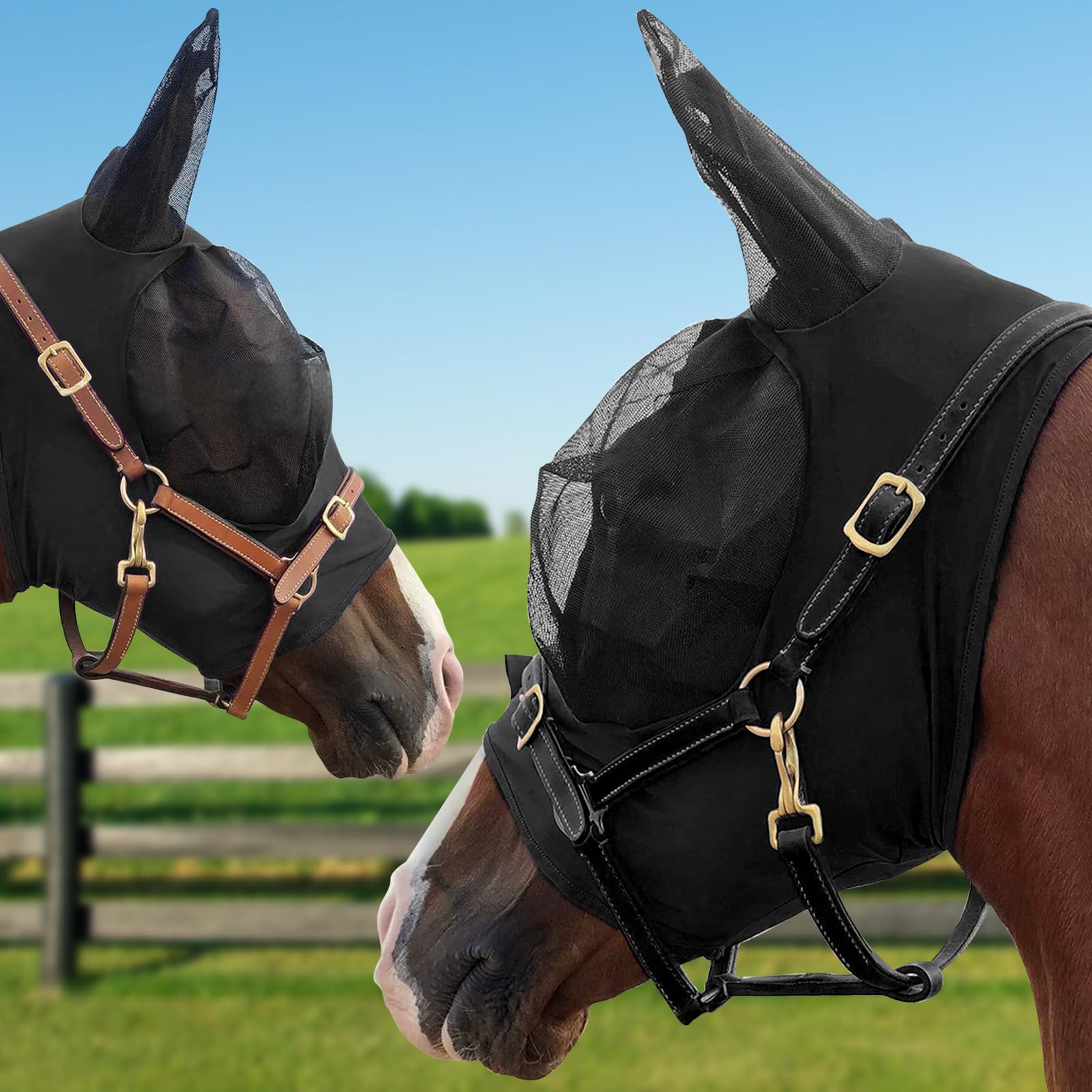 HUIKANGSHENG Horse Fly Mask with Ears Fit for Pony - Equine Fly Mask for Horses with Sunlight Protection, Large Eye Space with B