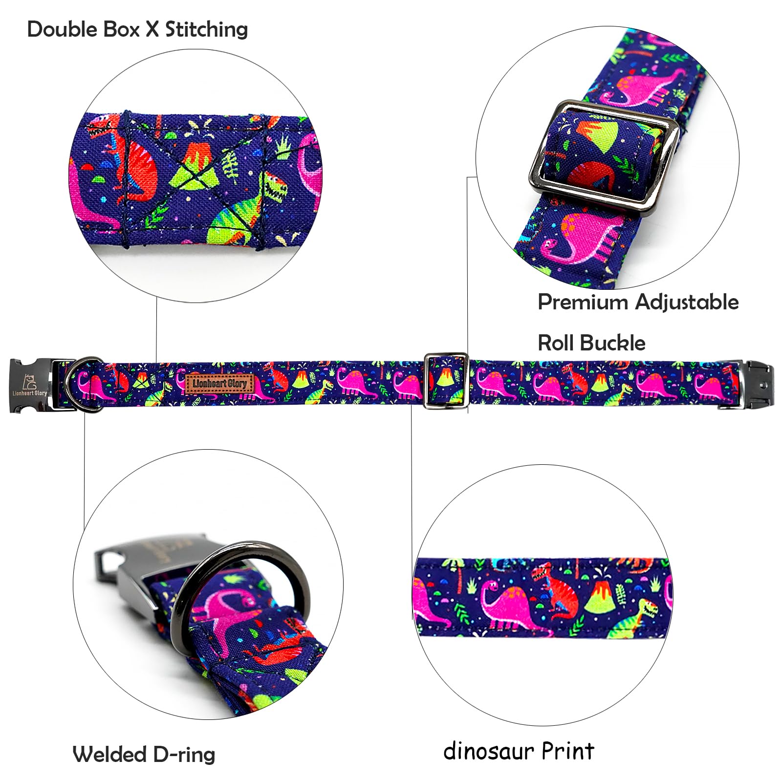 Lionheart Glory Dog Collar, Blue Dog Collar Boy Dog Collars Adjustable Dinosaur Collar For Small Dogs Pet Gift