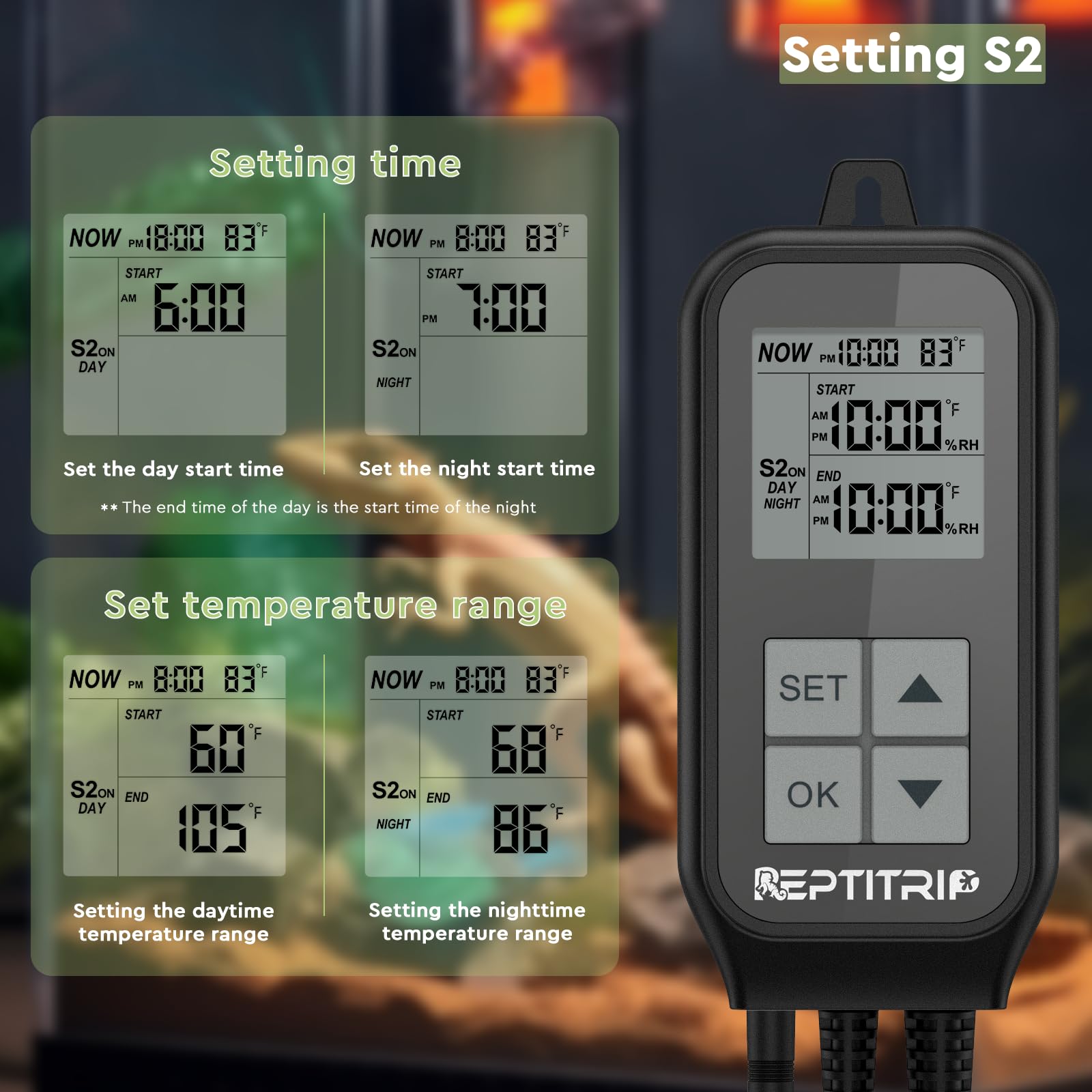 Reptitrip Reptile Thermostat, Reptile Light Timer For Temperature And Lighting Control, Day-Night Timer Thermostat With Reptile